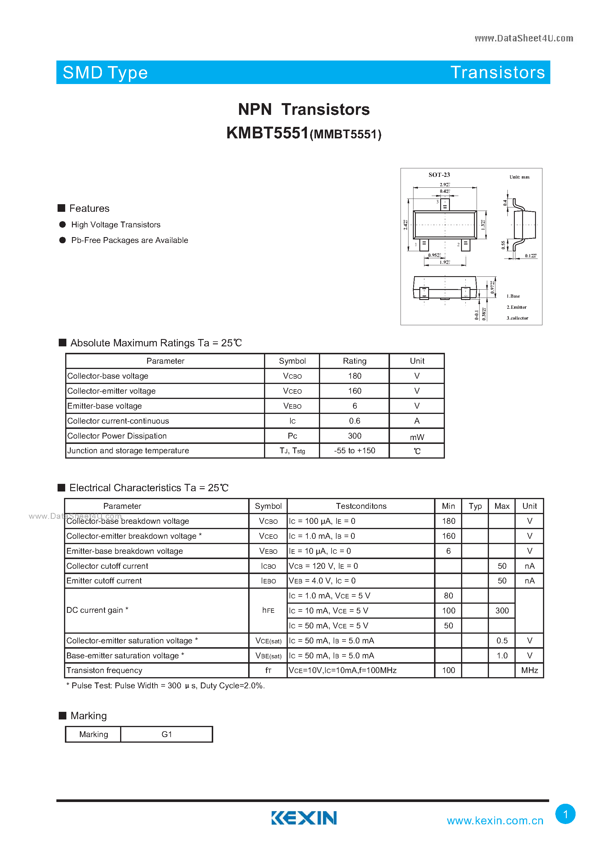 Даташит на микросхему KMBT5551 страница 1 Даташит KMBT5551 - NPN Transistors страница 1