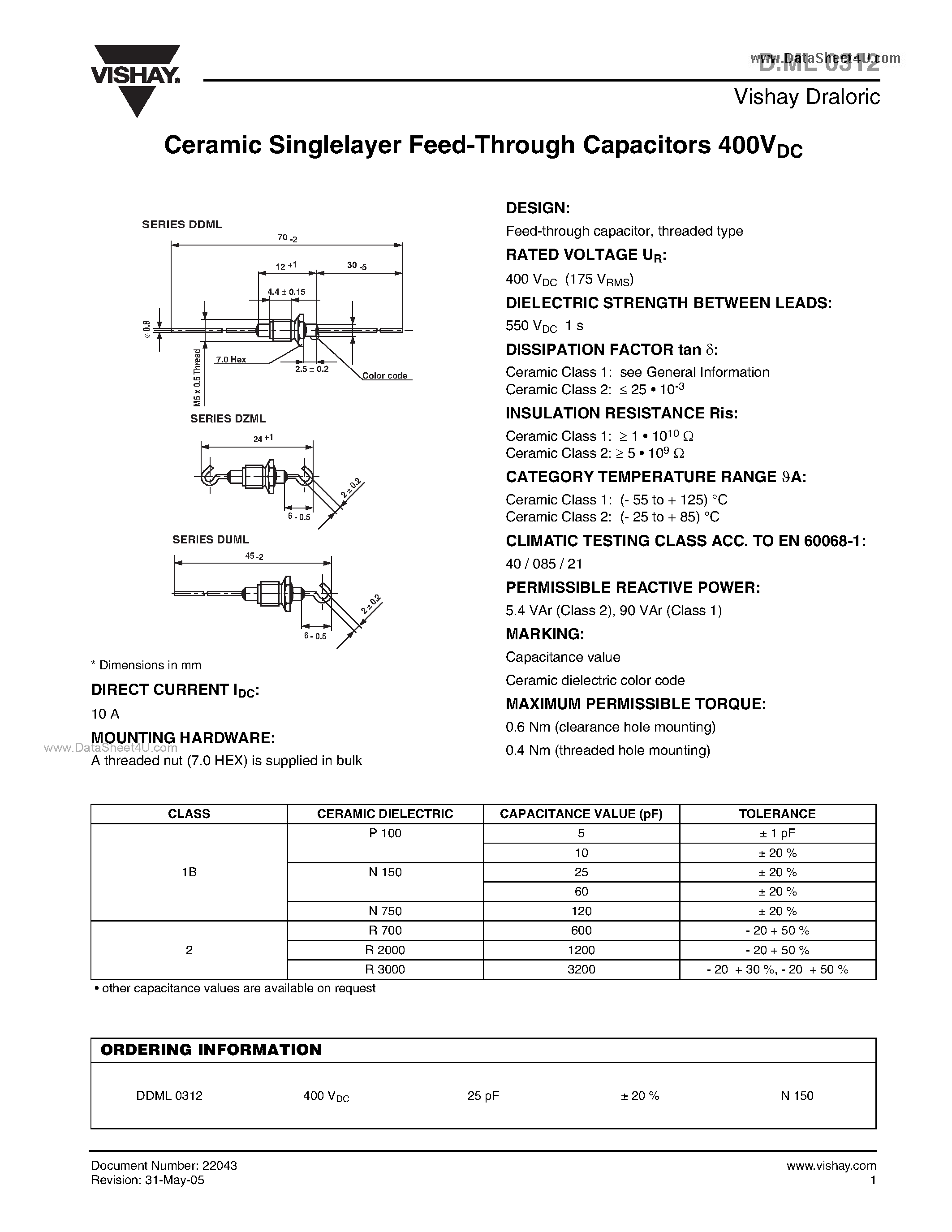 Datasheet DML0312 - Ceramic Singlelayer Feed-Through Capacitors 400VDC page 1