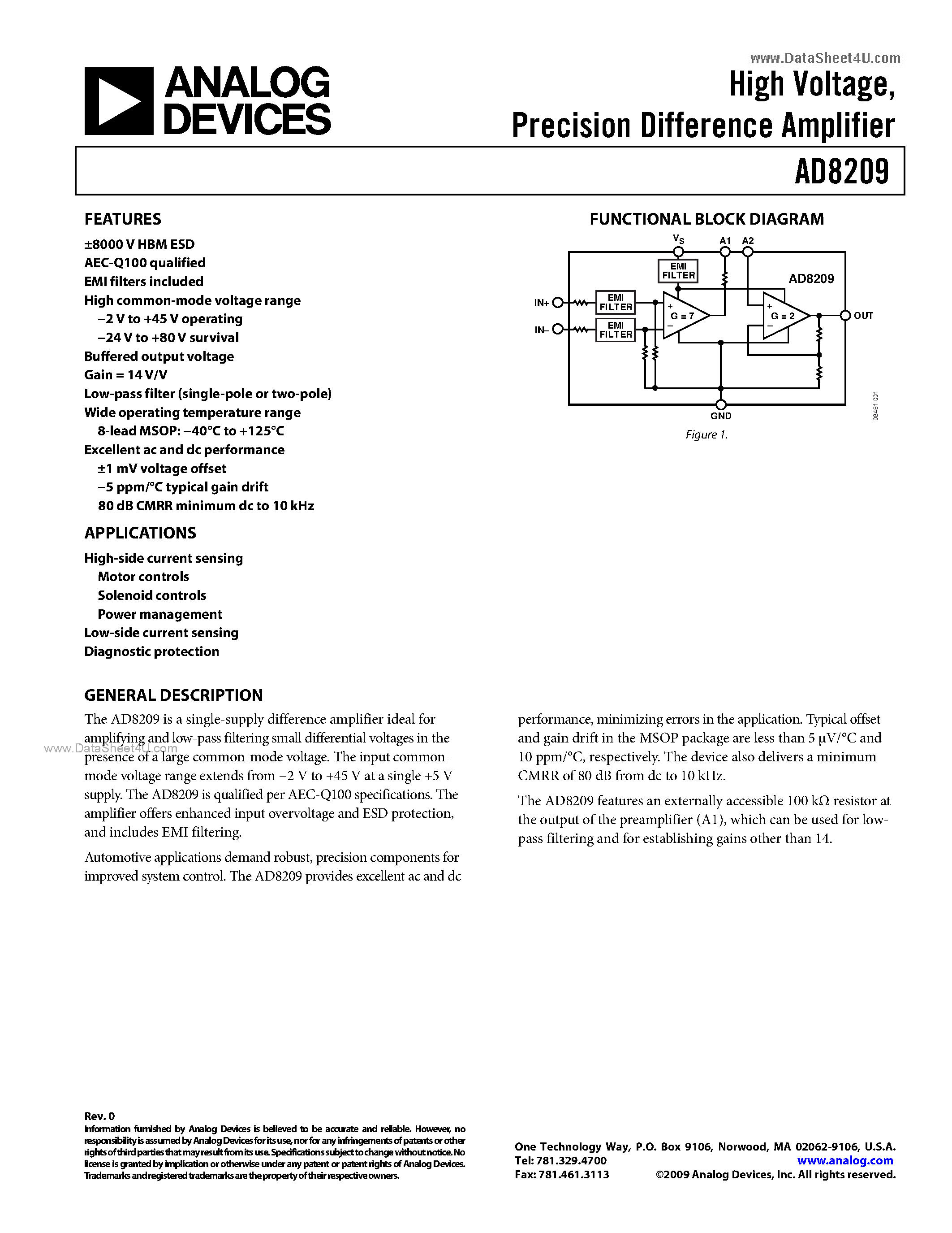 Datasheet AD8209 - Precision Difference Amplifier page 1