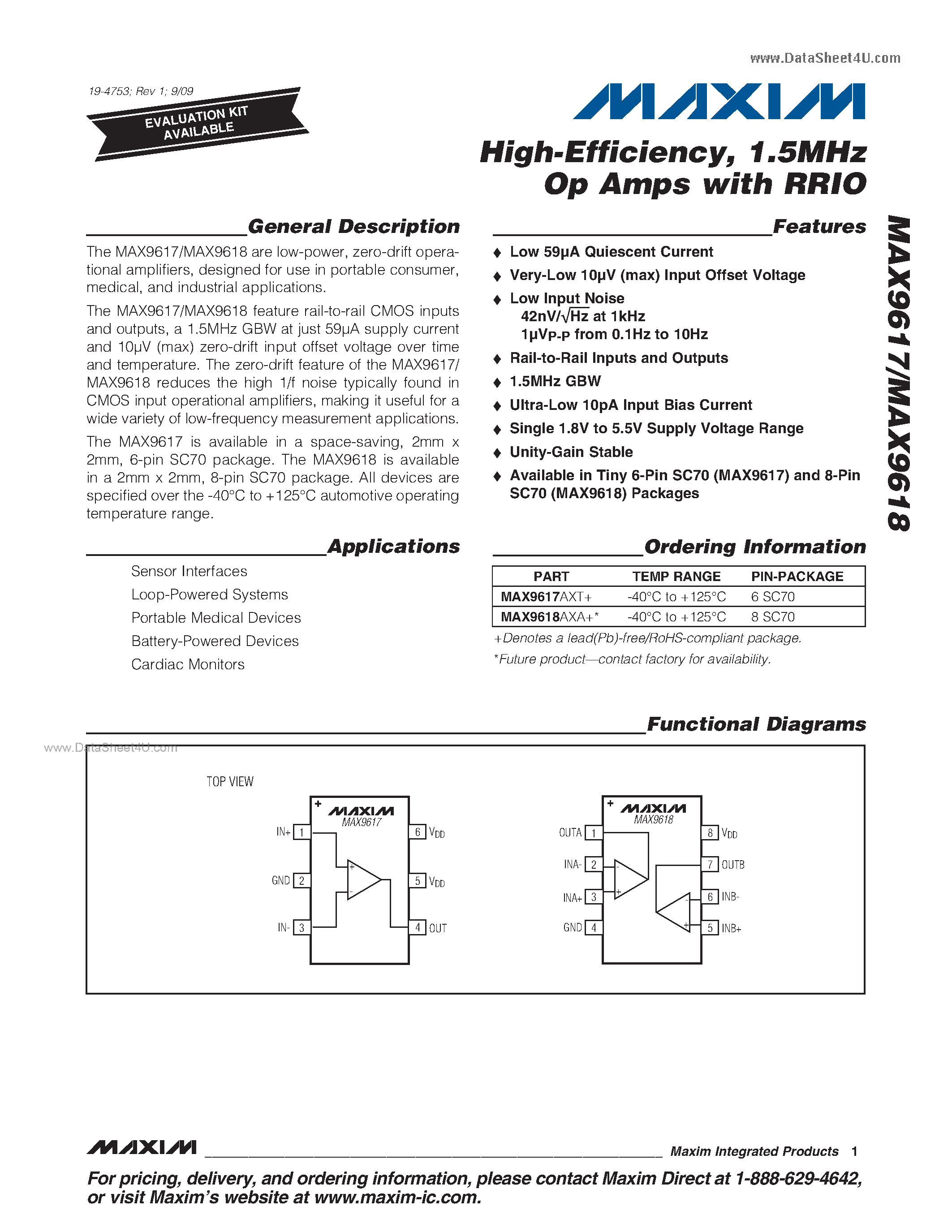Datasheet MAX9617 - (MAX9617 / MAX9618) 1.5MHz Op Amps page 1