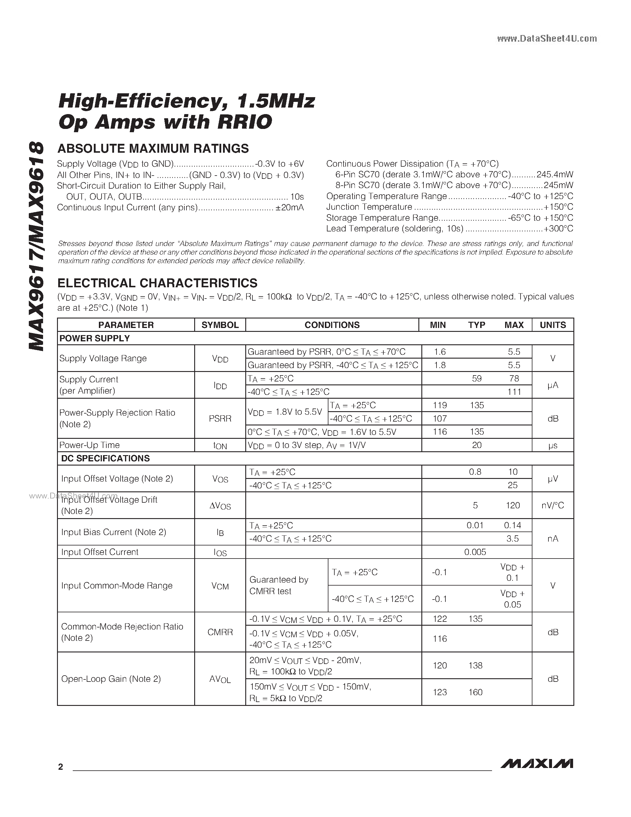 Datasheet MAX9617 - (MAX9617 / MAX9618) 1.5MHz Op Amps page 2
