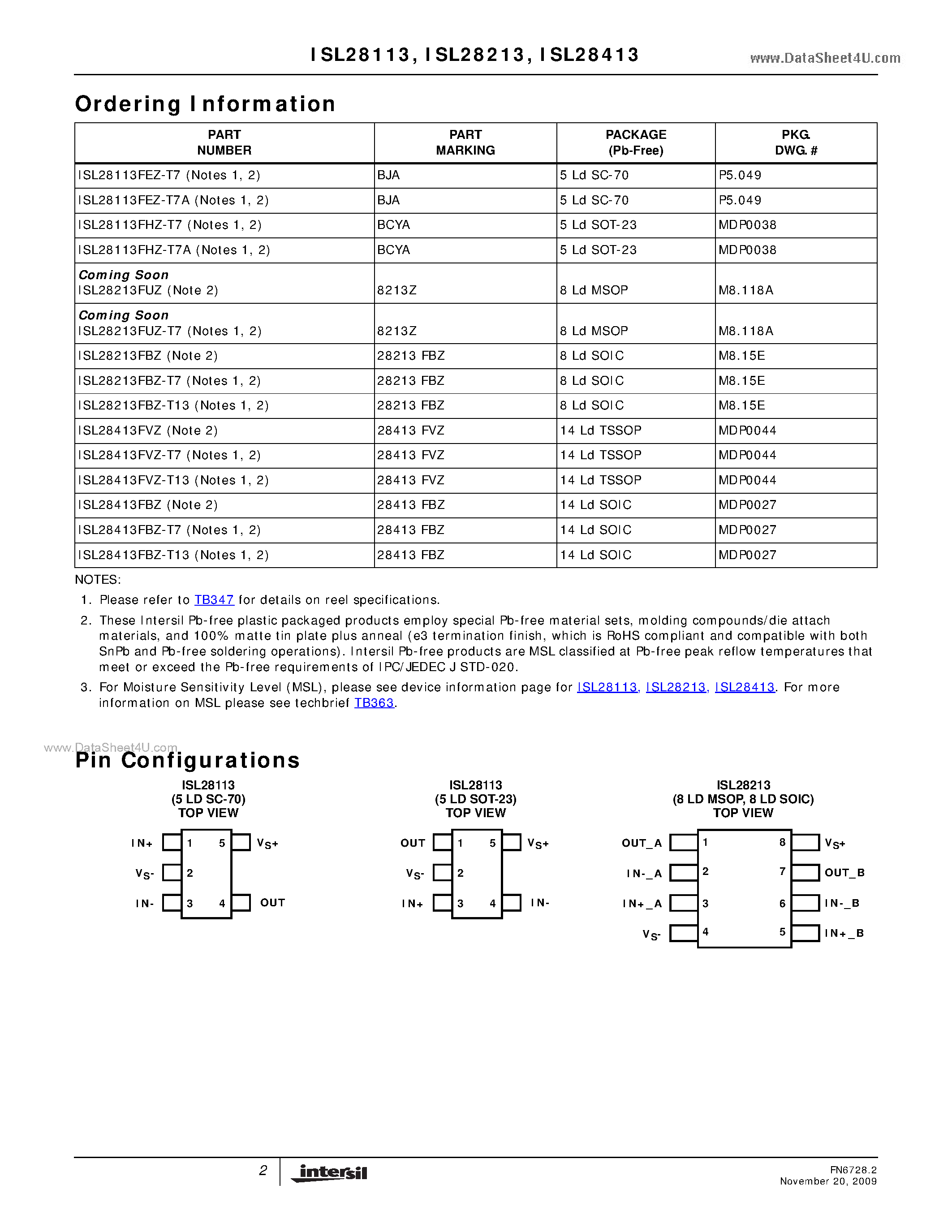 Даташит ISL28213 - (ISL28x13) RRIO Operational Amplifier страница 2