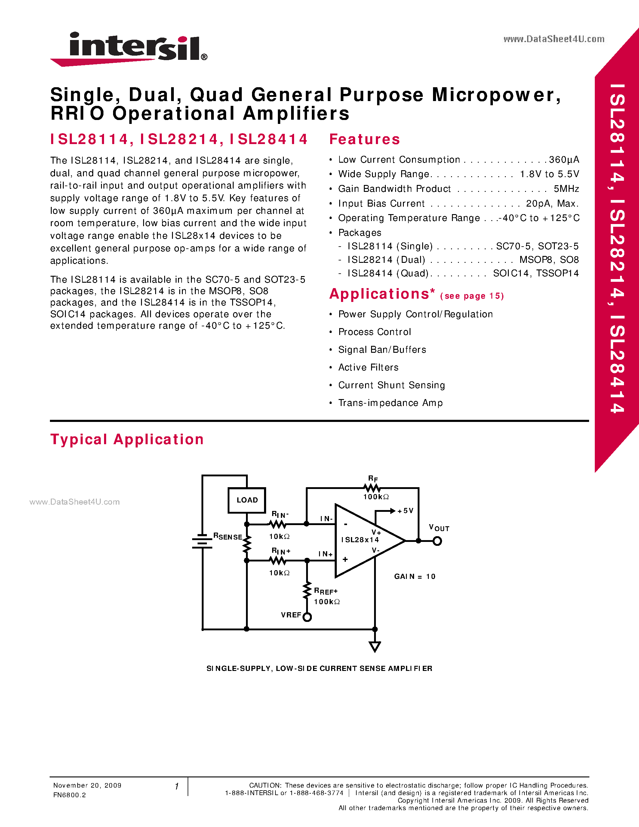 Даташит ISL28214 - (ISL28x14) RRIO Operational Amplifiers страница 1