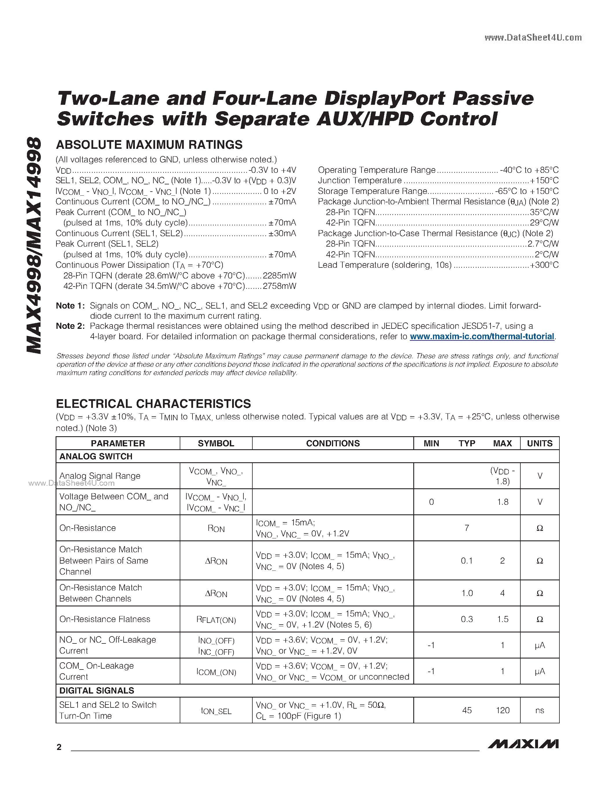 Datasheet MAX14998 page 2 Datasheet MAX14998 - (MAX14998 / MAX14999) Two-Lane and Four-Lane DisplayPort Passive Switches page 2
