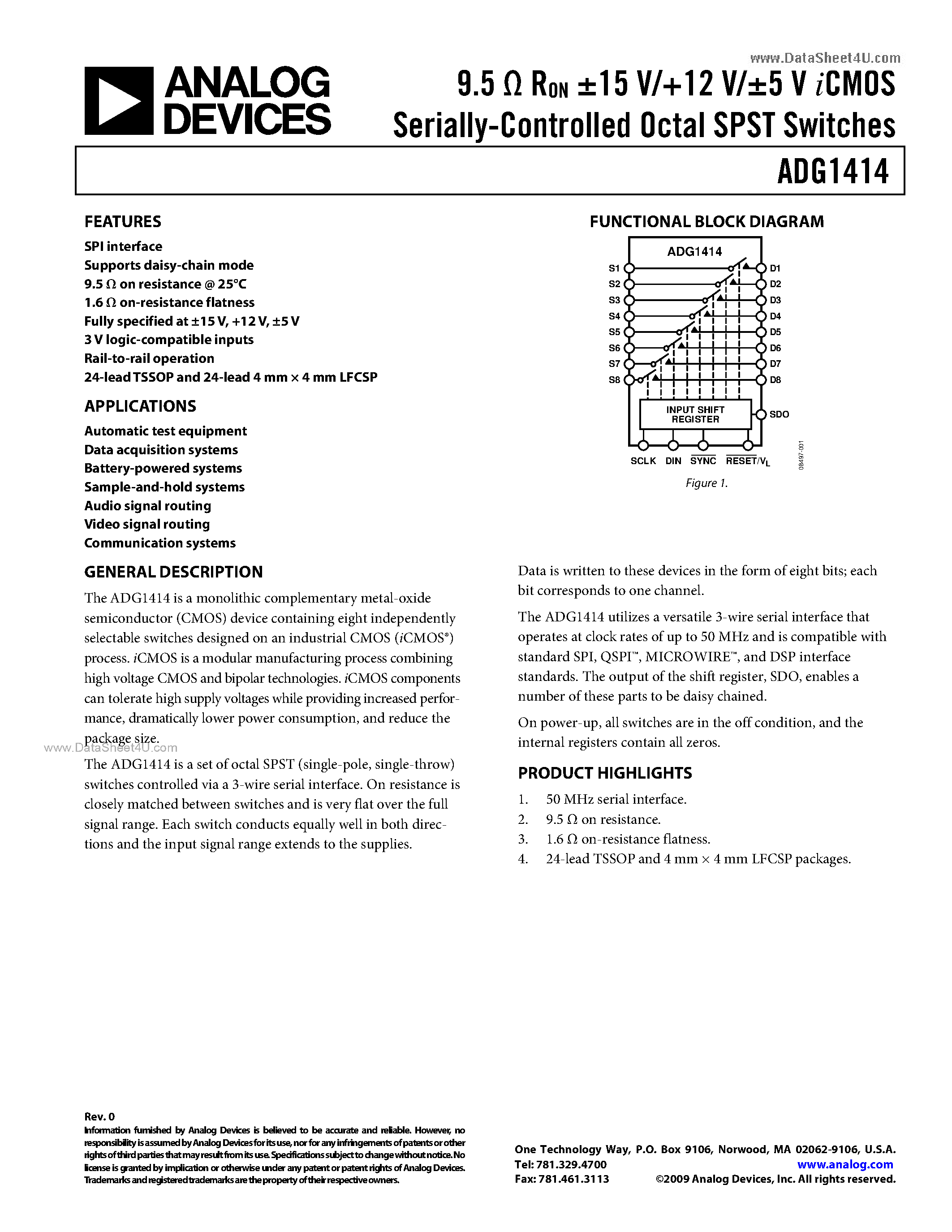 Даташит ADG1414 - Serially-Controlled Octal SPST Switches страница 1