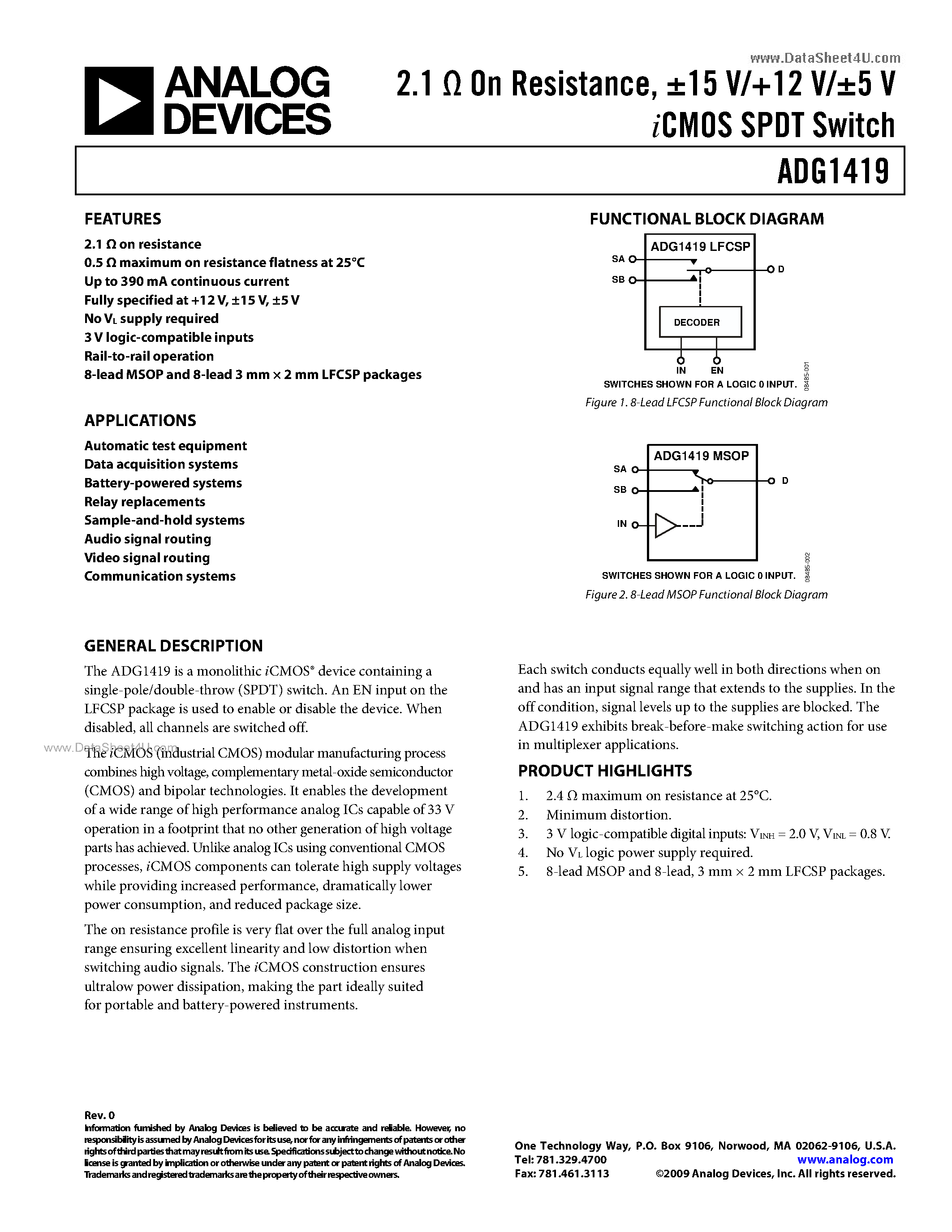 Даташит на микросхему ADG1419 страница 1 Даташит ADG1419 - iCMOS SPDT Switch страница 1