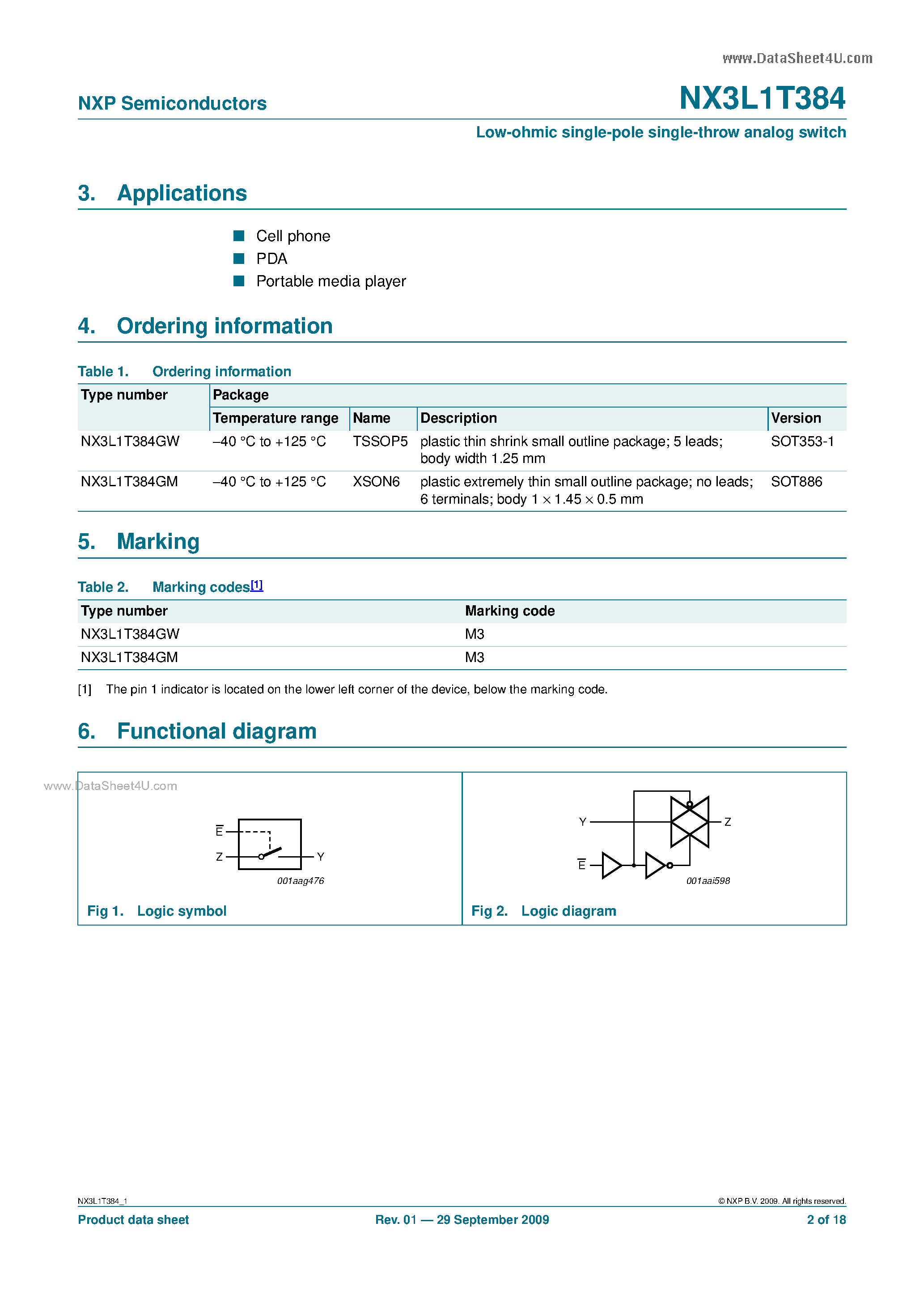 Datasheet NX3L1T384 page 2 Datasheet NX3L1T384 - Single-pole Single-throw Analog Switch page 2
