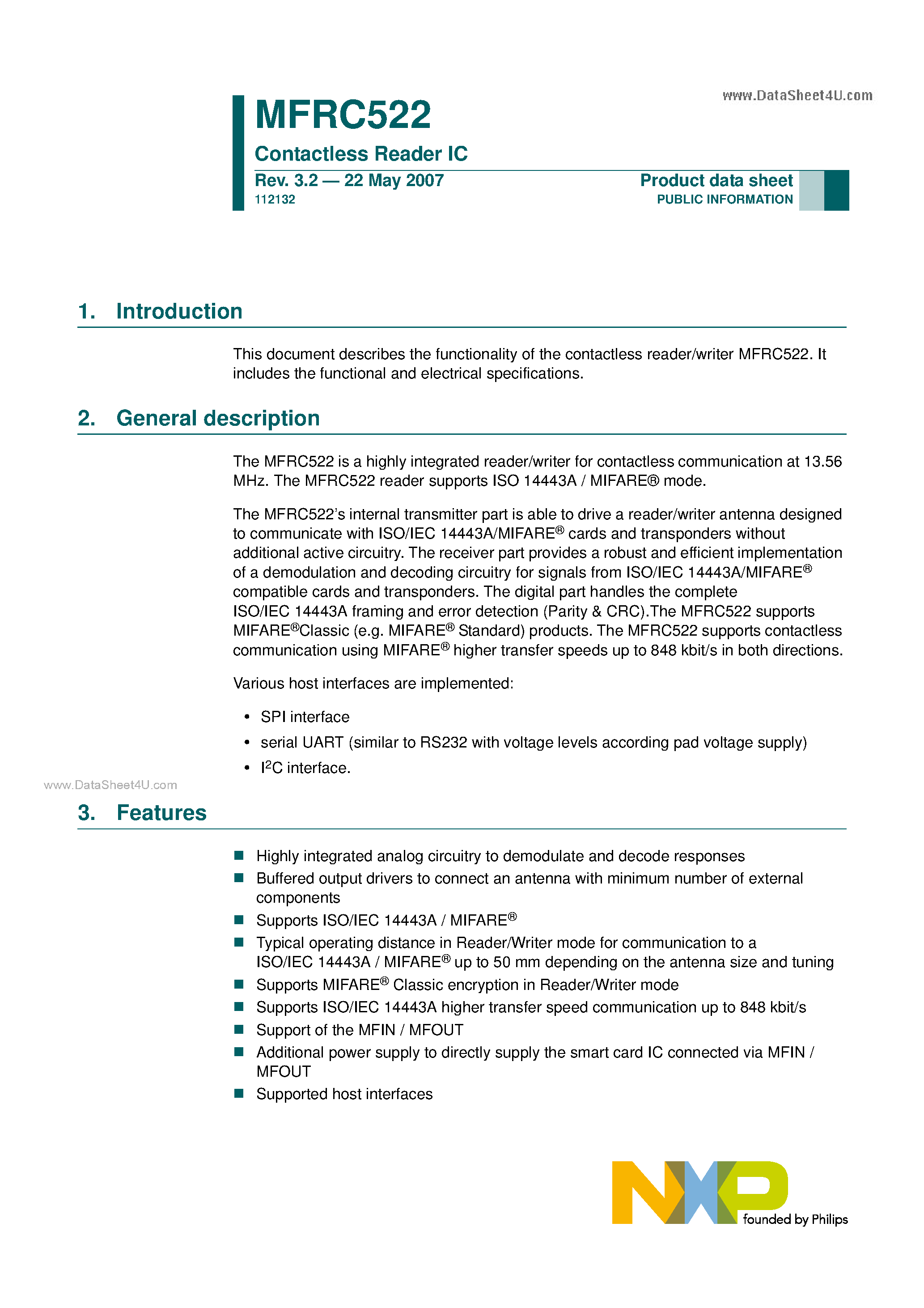 Даташит на микросхему MFRC522 страница 1 Даташит MFRC522 - Contactless Reader IC страница 1