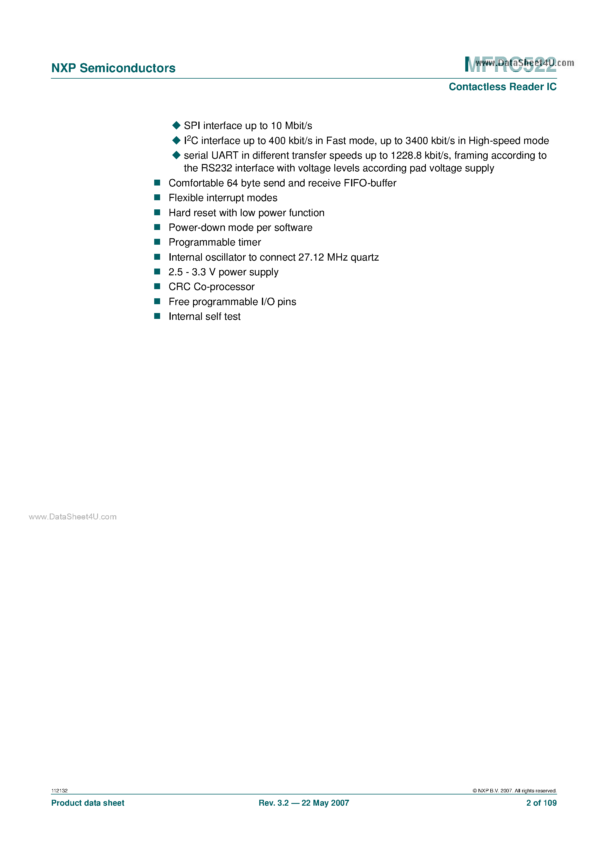 Даташит на микросхему MFRC522 страница 2 Даташит MFRC522 - Contactless Reader IC страница 2