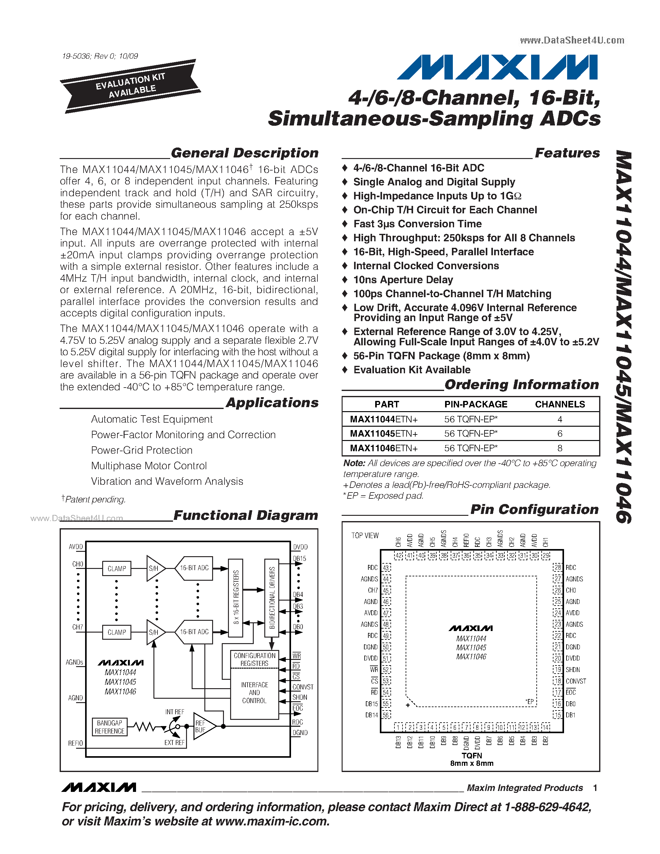 Даташит MAX11044 - (MAX11044 - MAX11046) Simultaneous-Sampling ADCs страница 1