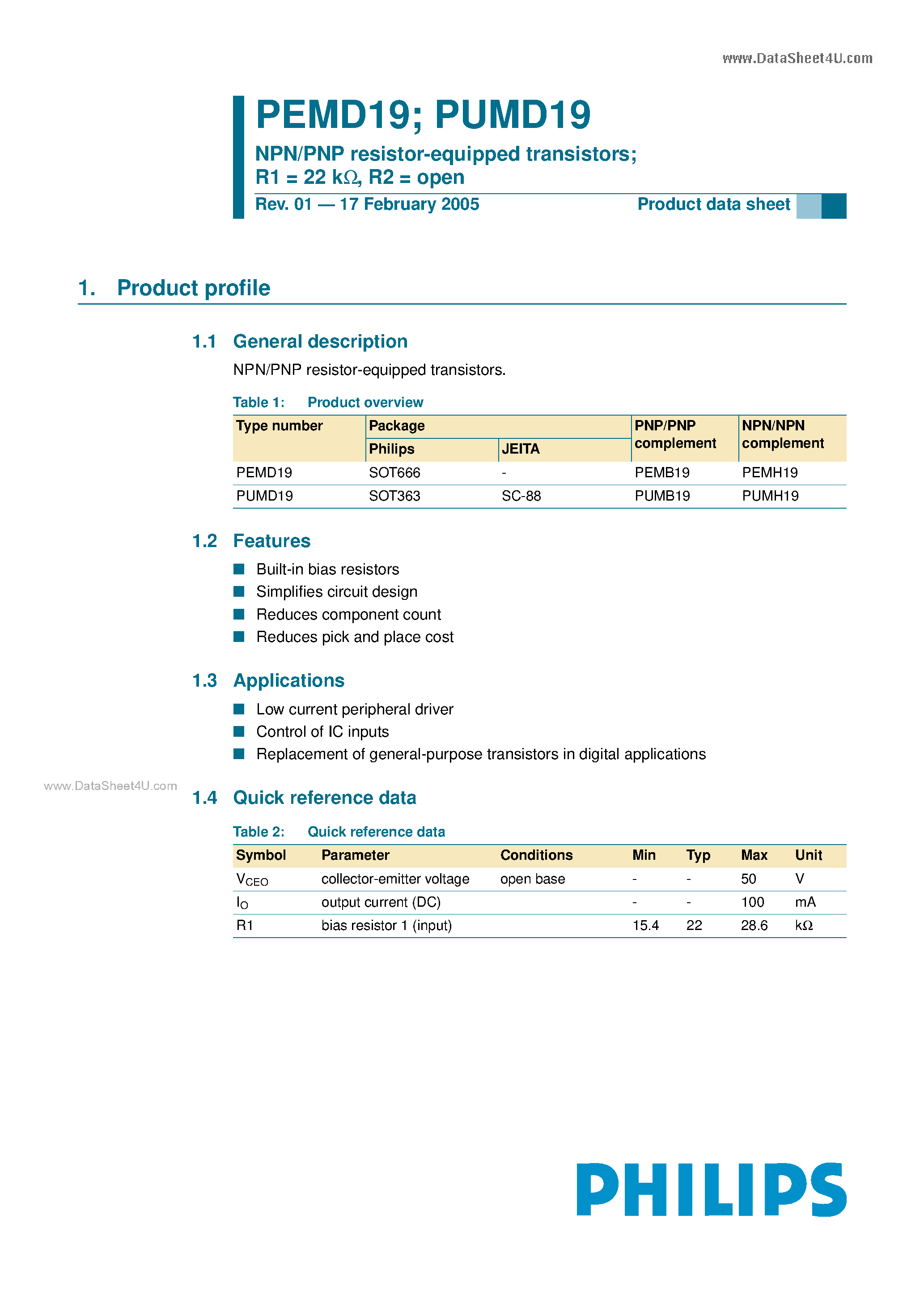 Datasheet PEMH19 - NPN/PNP resistor-equipped transistors page 1