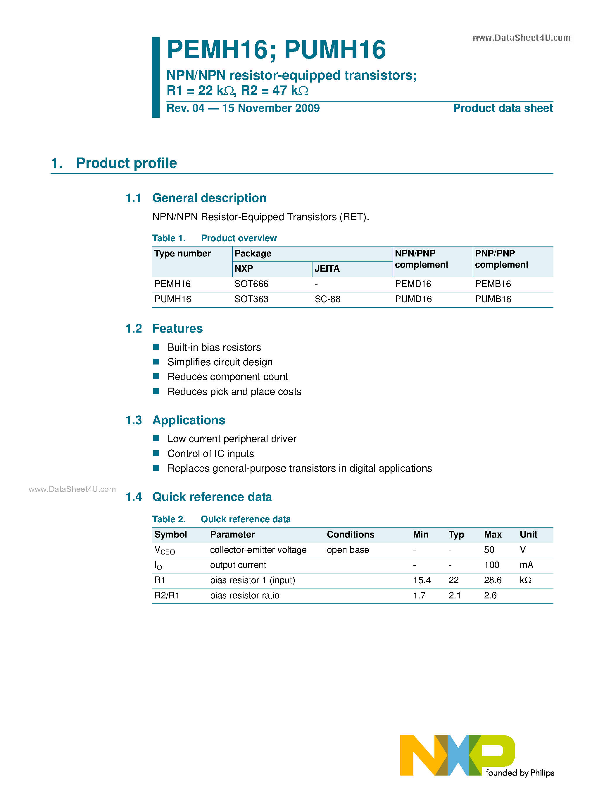 Datasheet PEMH16 - NPN/NPN Resistor-equipped Transistors page 1