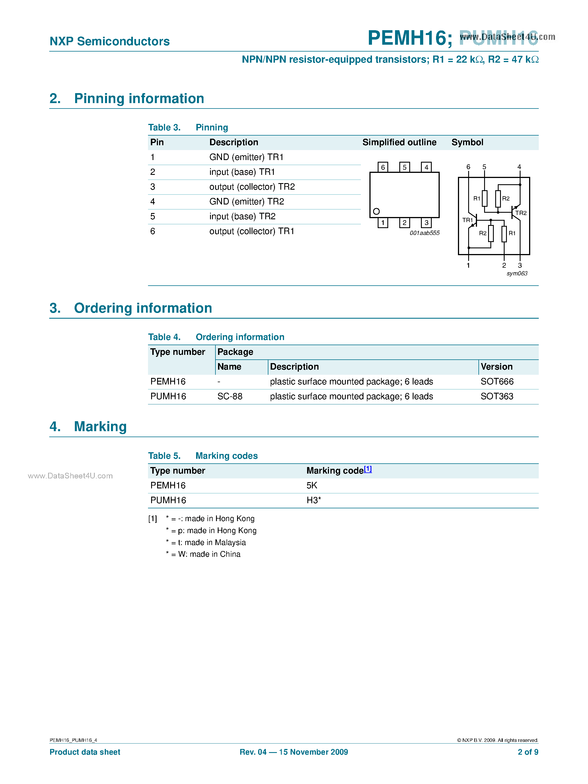 Datasheet PEMH16 - NPN/NPN Resistor-equipped Transistors page 2