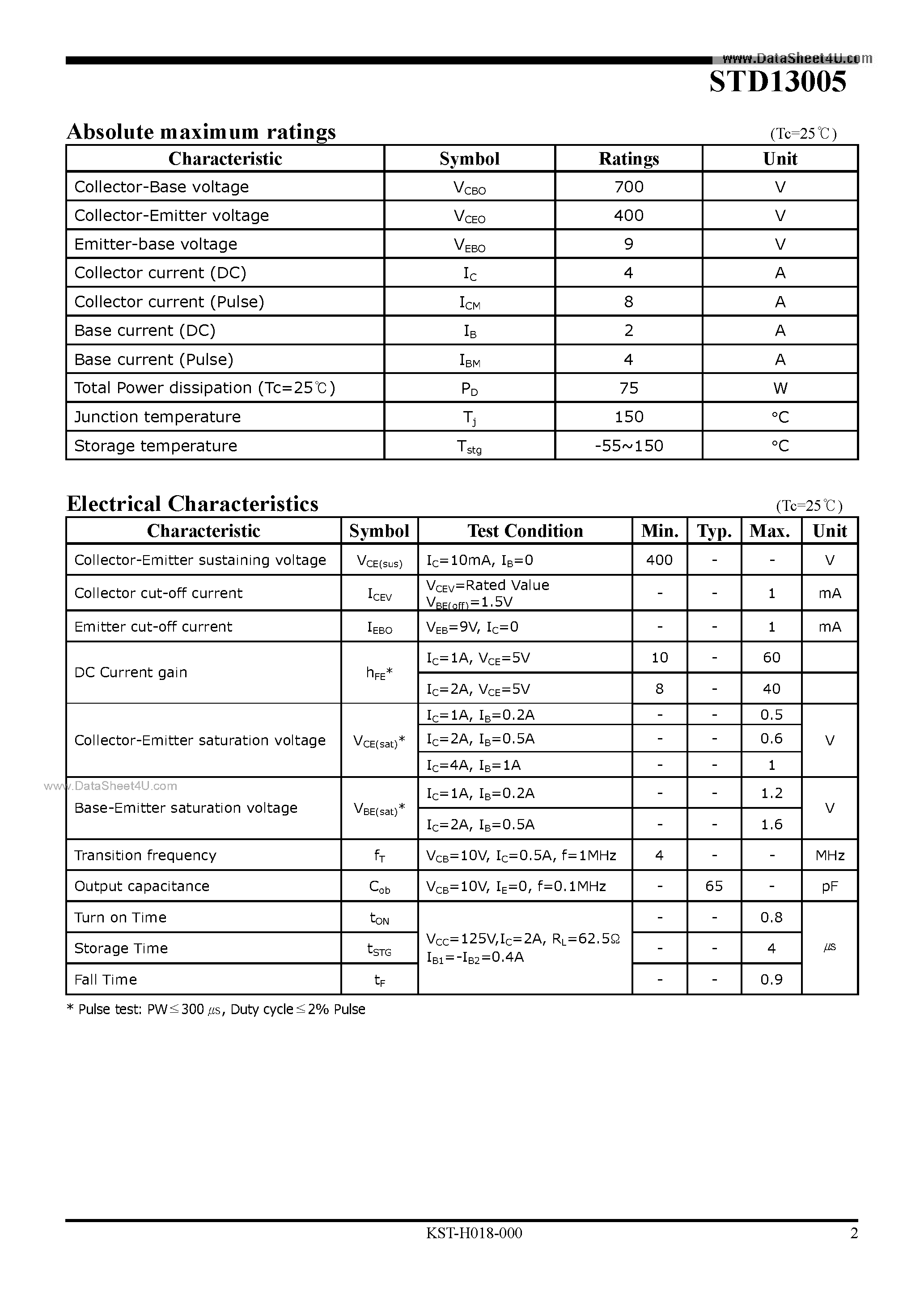 Datasheet STD13005 page 2 Datasheet STD13005 - Power Transistor page 2