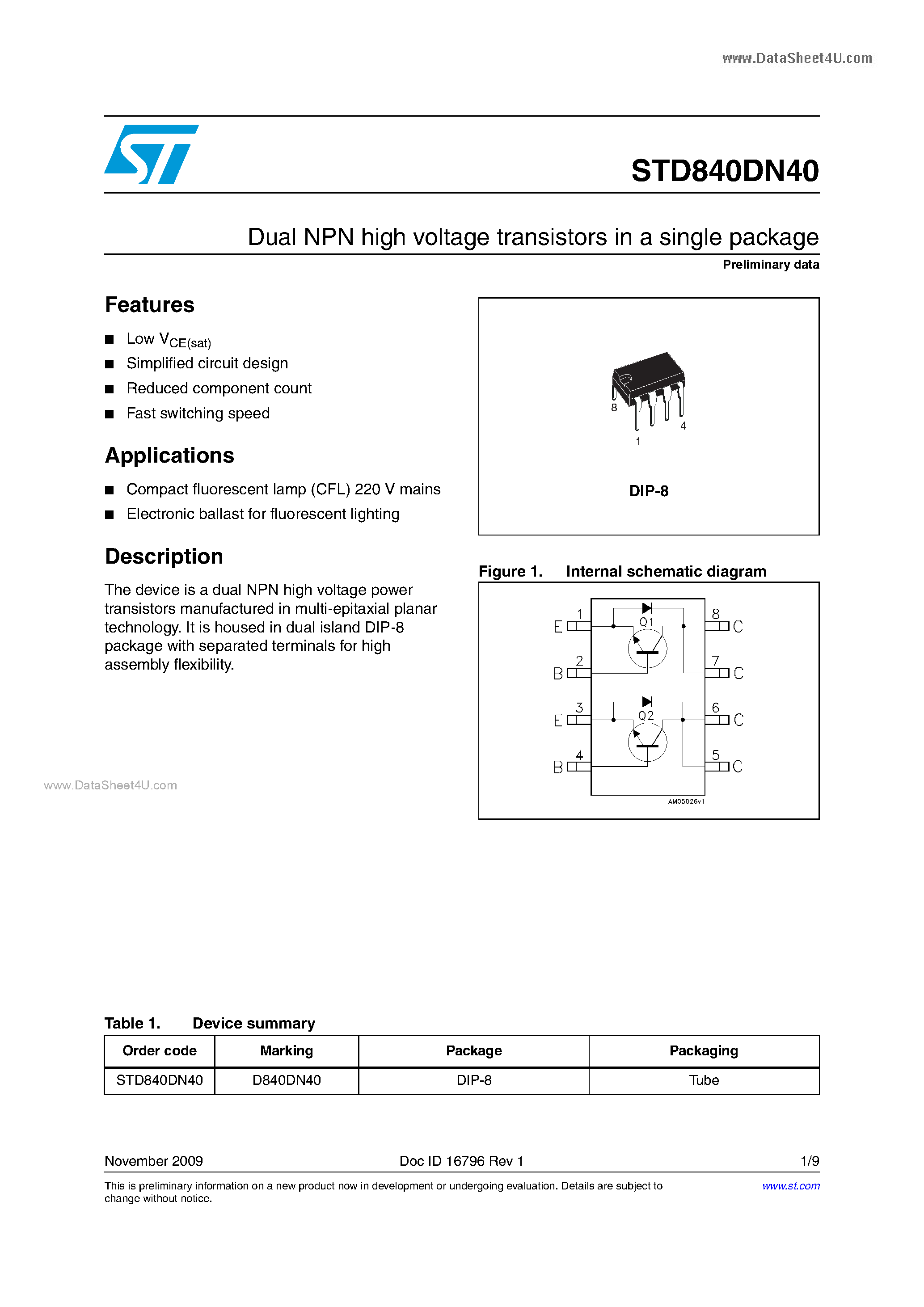Datasheet STD840DN40 page 1 Datasheet STD840DN40 - Dual NPN High Voltage Transistors page 1