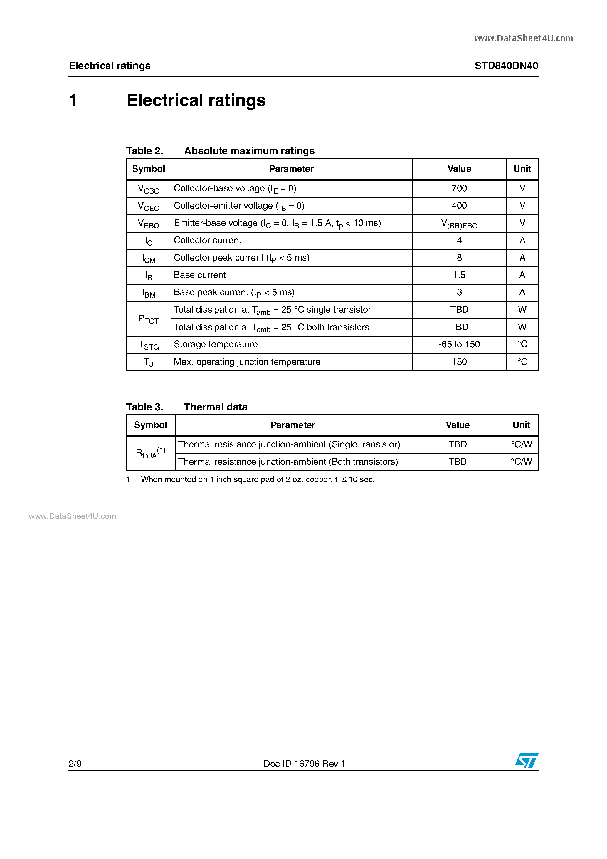 Datasheet STD840DN40 page 2 Datasheet STD840DN40 - Dual NPN High Voltage Transistors page 2