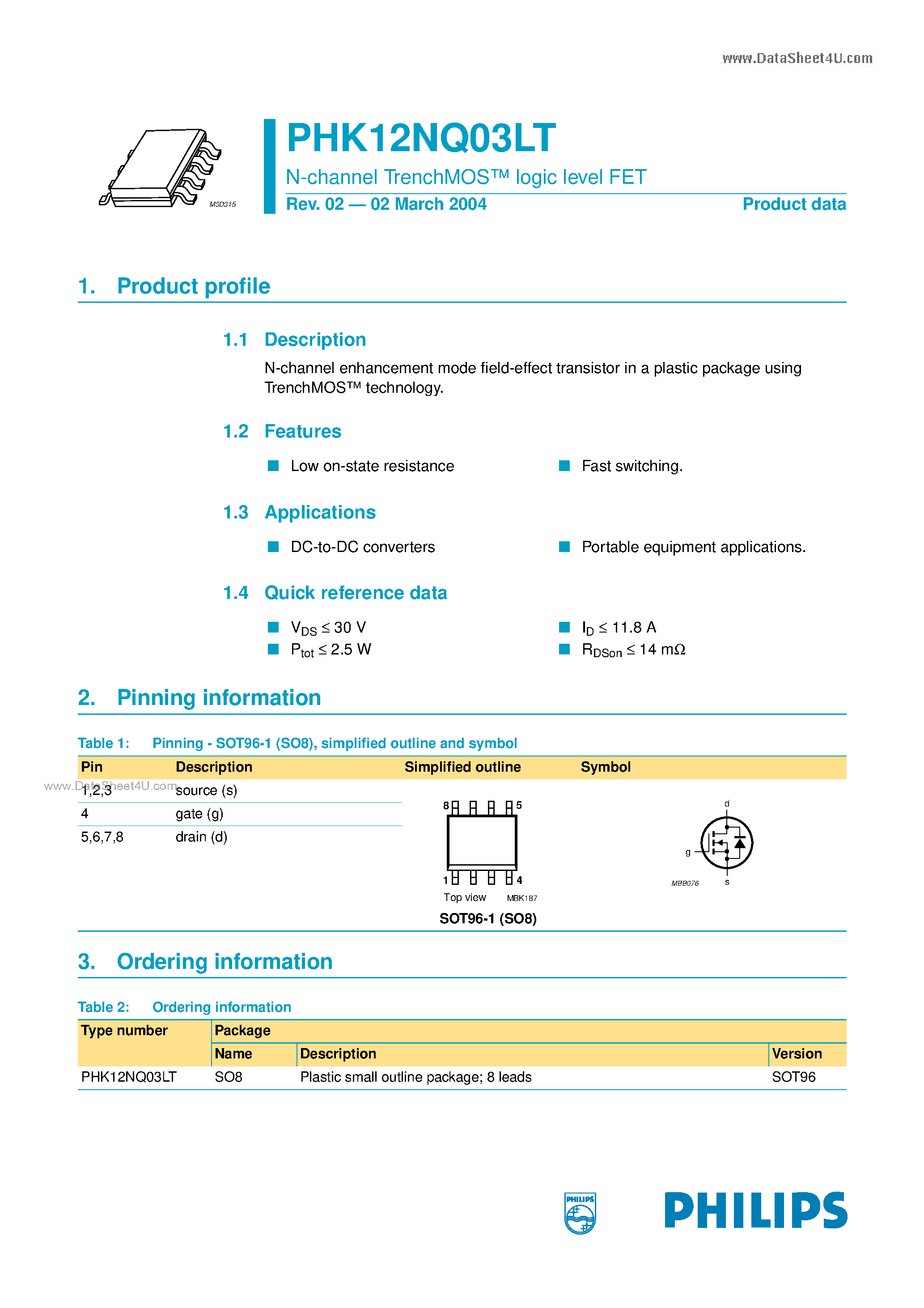 Datasheet PHK12NQ03LT - N-channel TrenchMOS-TM logic level FET page 1