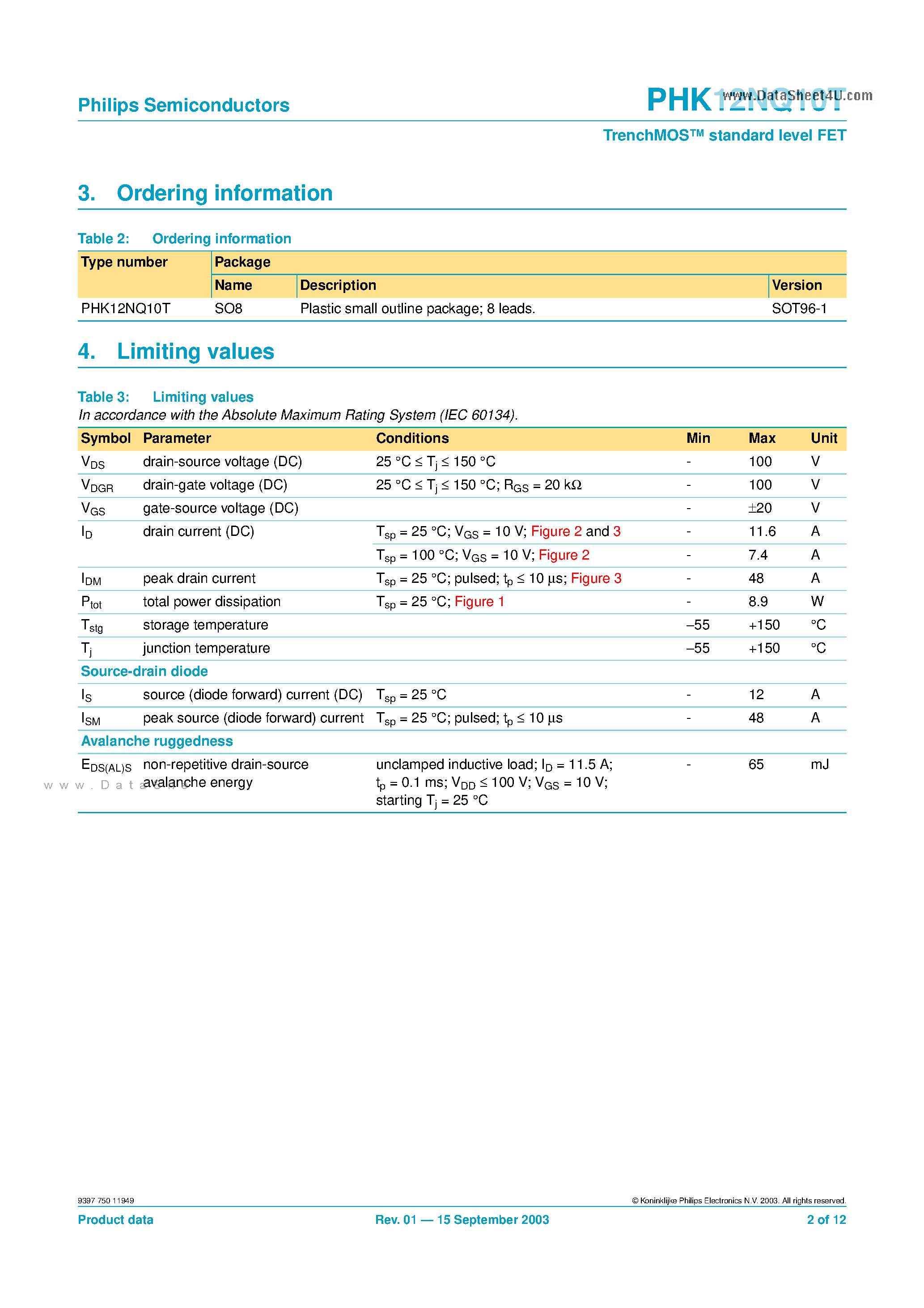Даташит на микросхему PHK12NQ10T страница 2 Даташит PHK12NQ10T - TrenchMOS standard level FET страница 2