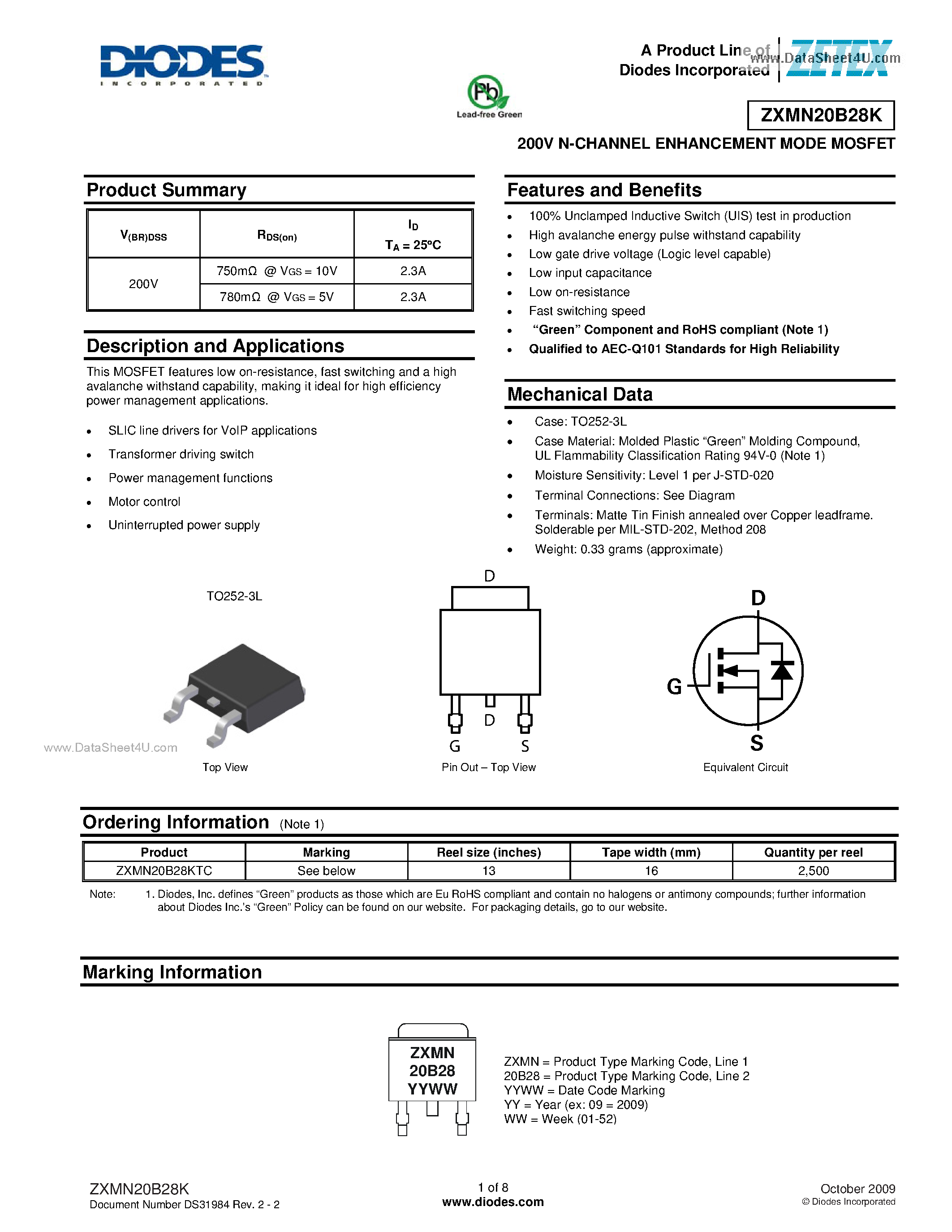Datasheet ZXMN20B28K page 1 Datasheet ZXMN20B28K - 200V N-CHANNEL ENHANCEMENT MODE MOSFET page 1