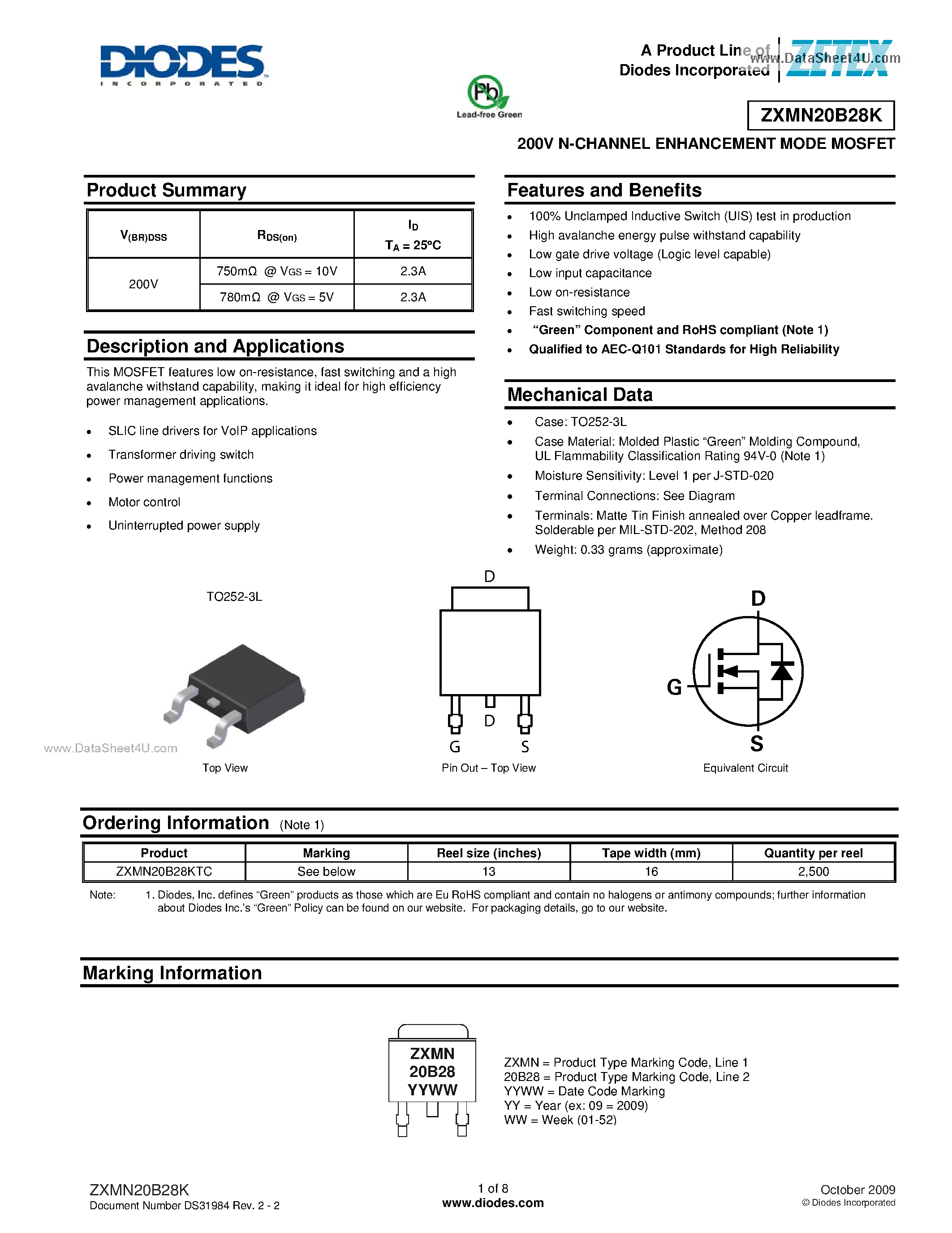 Datasheet ZXMN20B28K - 200V N-CHANNEL ENHANCEMENT MODE MOSFET page 1
