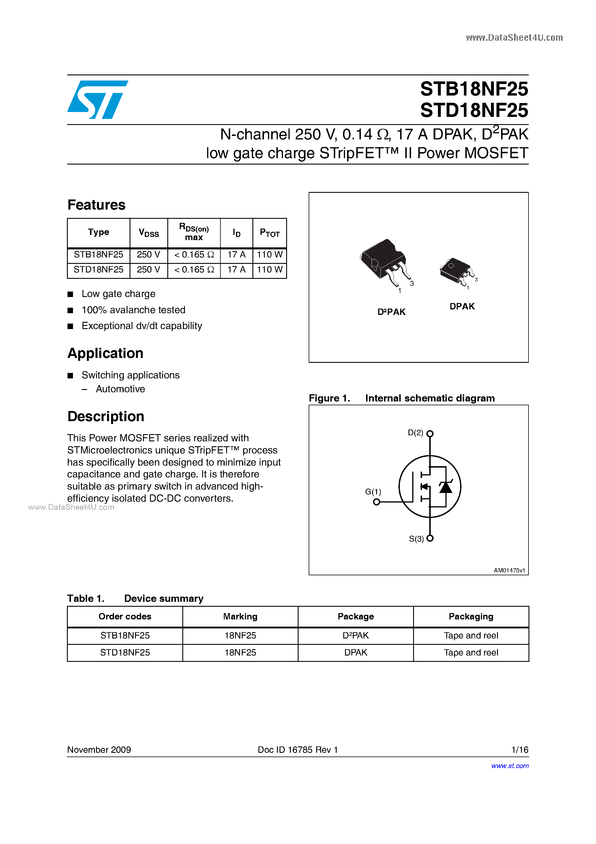 Datasheet STD18NF25 page 1 Datasheet STD18NF25 - Power MOSFETs page 1
