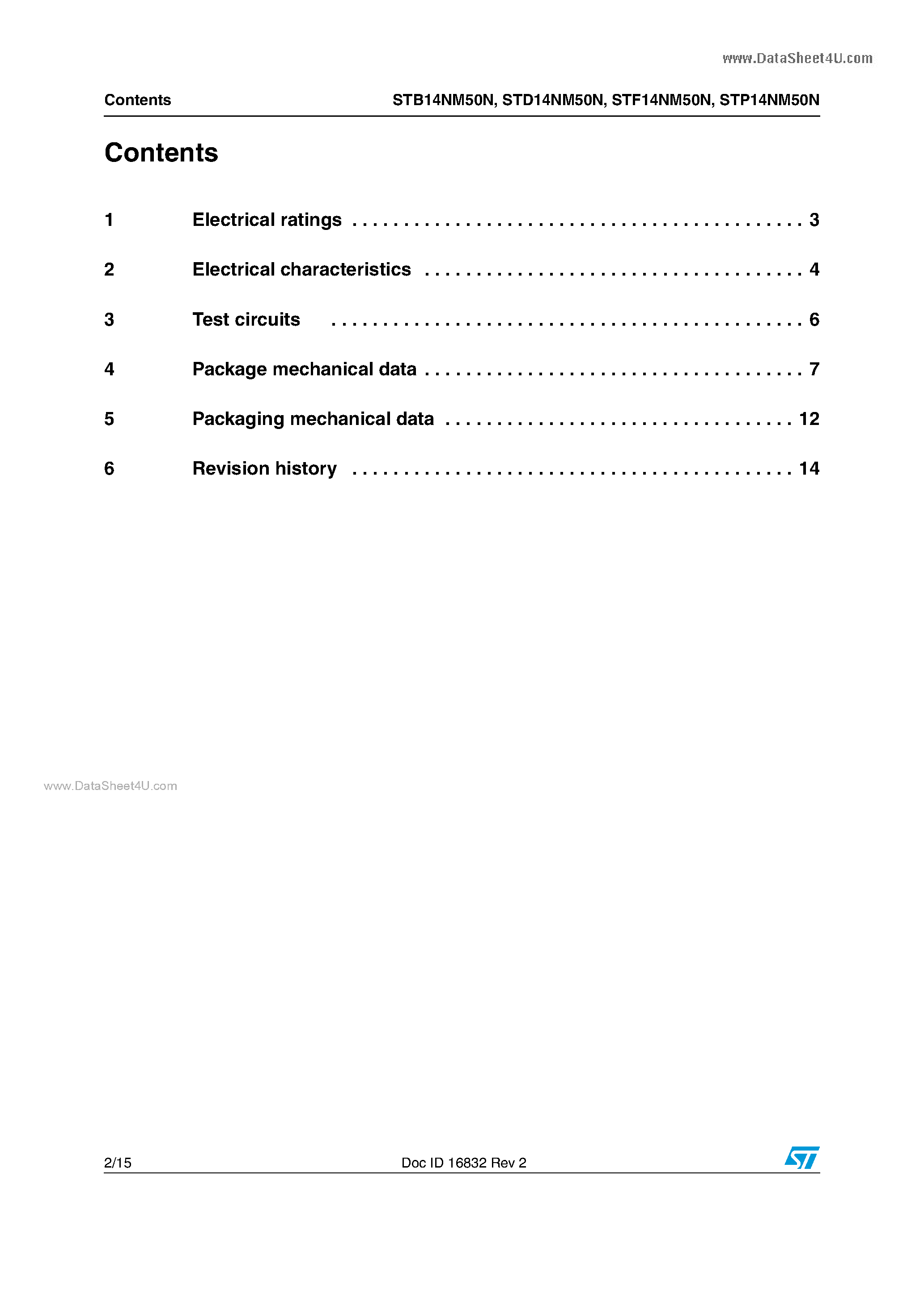 Datasheet STD14NM50N page 2 Datasheet STD14NM50N - Power MOSFETs page 2