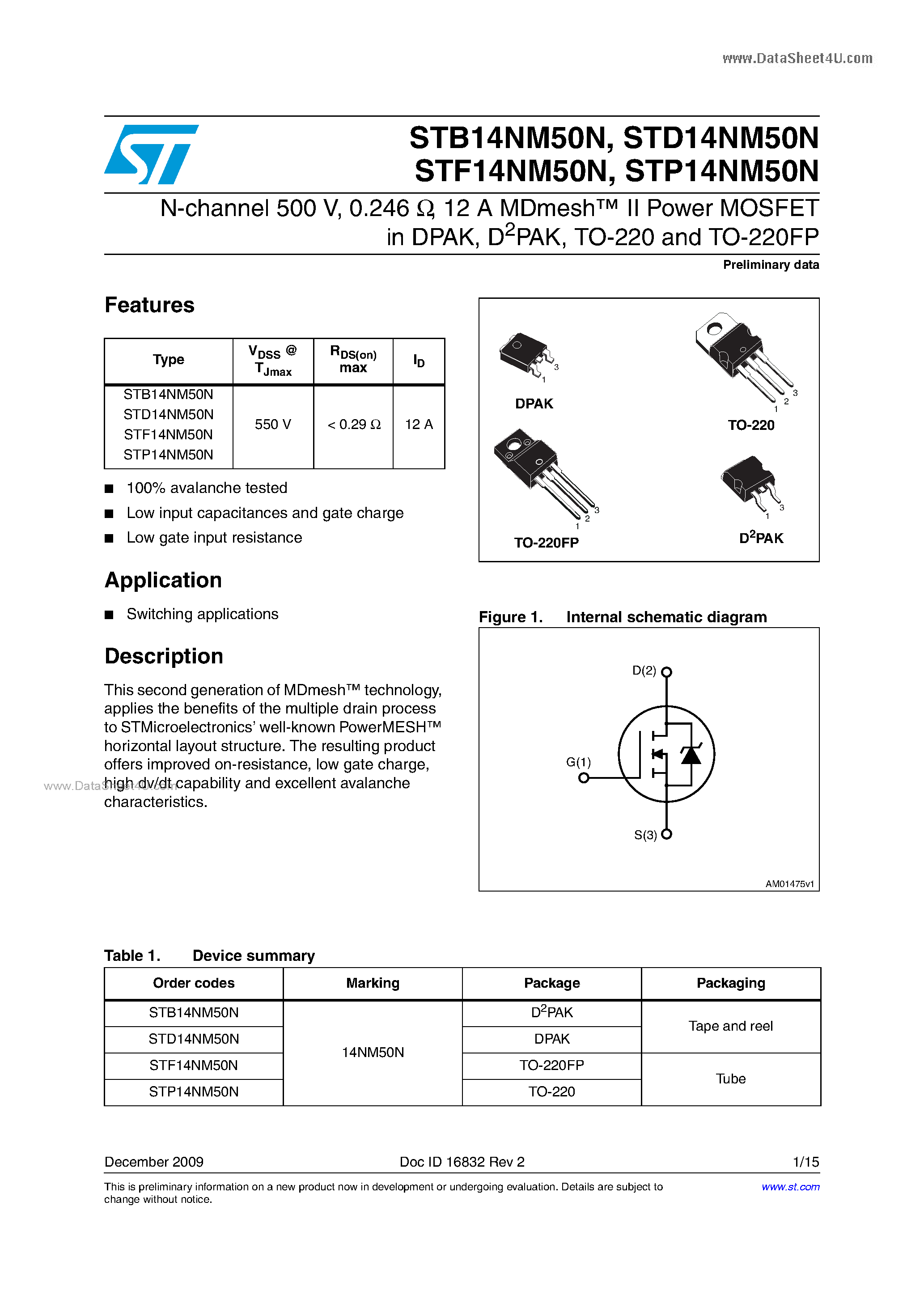 Datasheet STP14NM50N - Power MOSFETs page 1