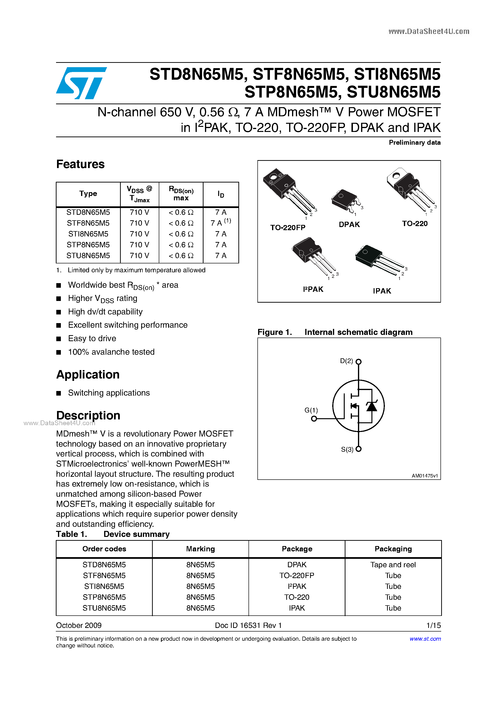 Даташит на микросхему STU8N65M5 страница 1 Даташит STU8N65M5 - Power MOSFETs страница 1