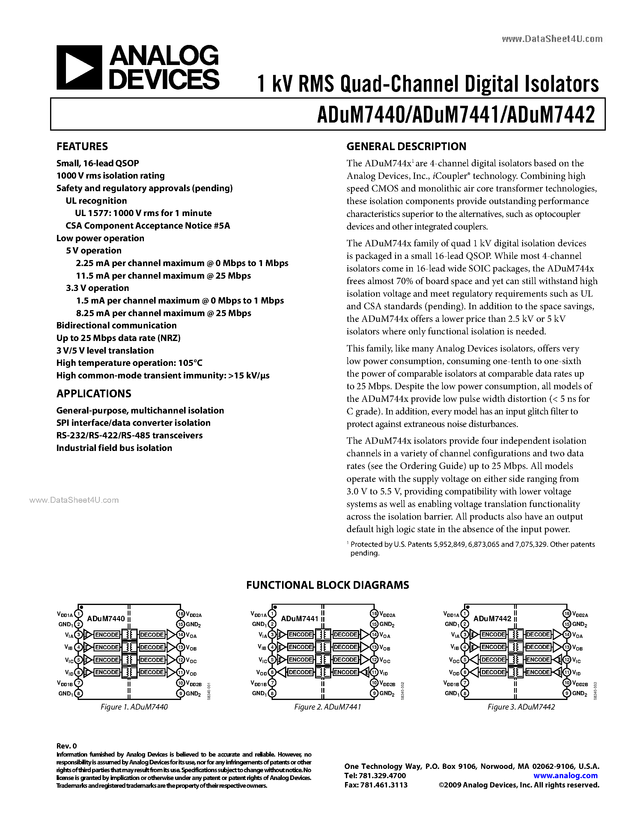 Даташит на микросхему ADUM7440 страница 1 Даташит ADUM7440 - (ADUM7440 - ADUM7442) 1 KV RMS Quad-Channel Digital Isolator страница 1