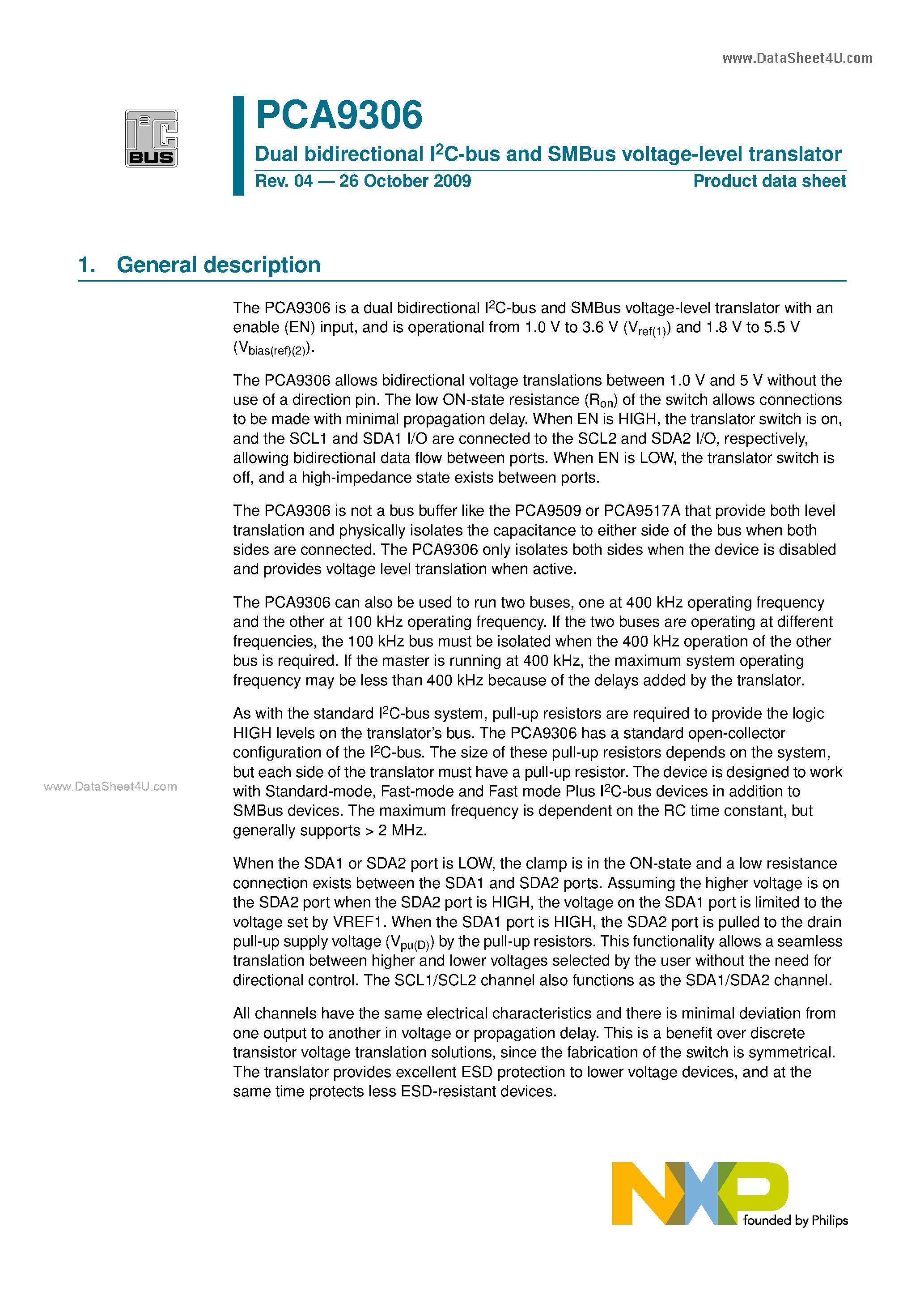 Datasheet PCA9306 page 1 Datasheet PCA9306 - Dual bidirectional I2C-bus and SMBus voltage-level translator page 1