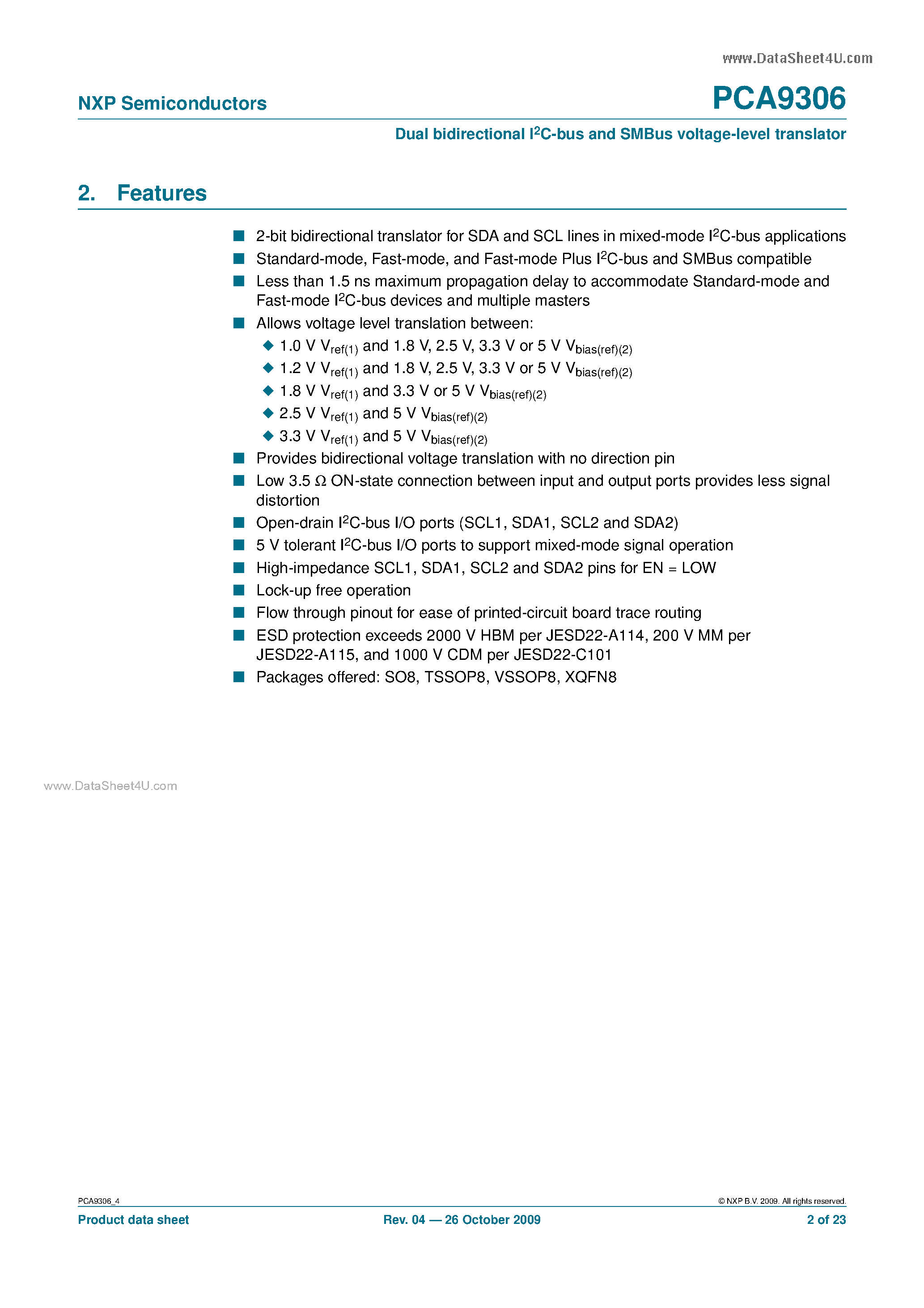 Datasheet PCA9306 page 2 Datasheet PCA9306 - Dual bidirectional I2C-bus and SMBus voltage-level translator page 2