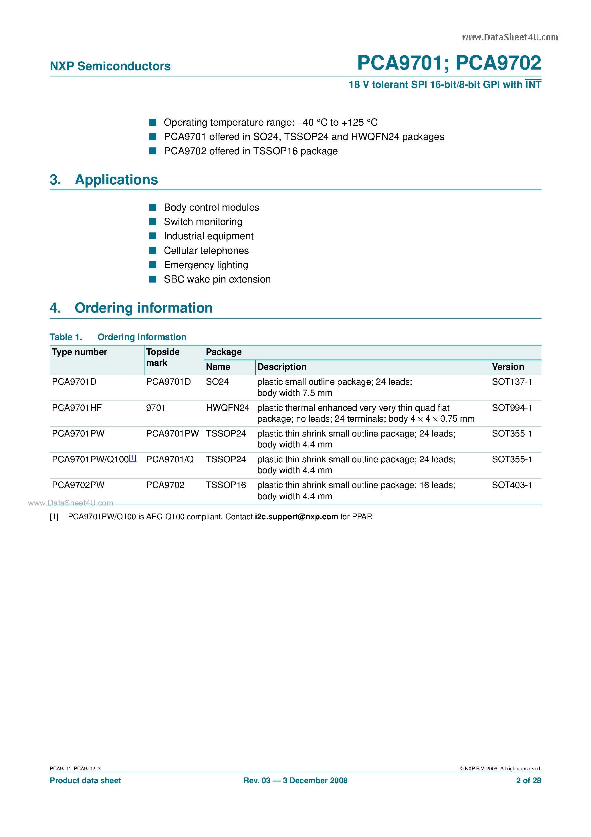 Даташит на микросхему PCA9701 страница 2 Даташит PCA9701 - (PCA9701 / PCA9702) 18 V tolerant SPI 16-bit/8-bit GPI страница 2