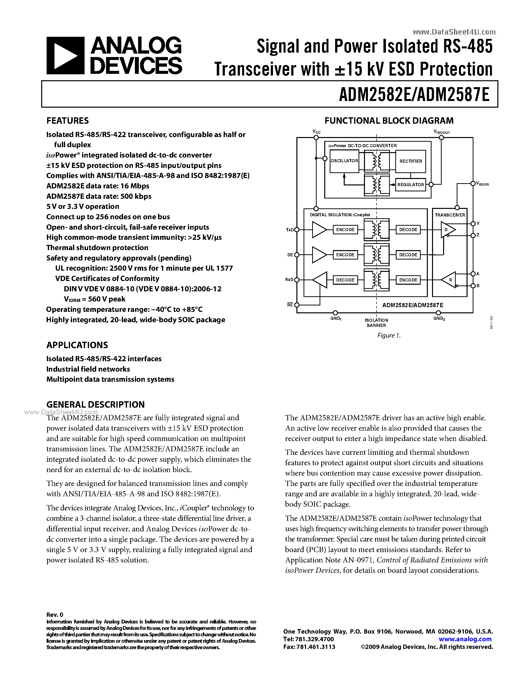 Даташит ADM2582E - (ADM2582E / ADM2587E) Signal and Power Isolated RS-485 Transceiver страница 1