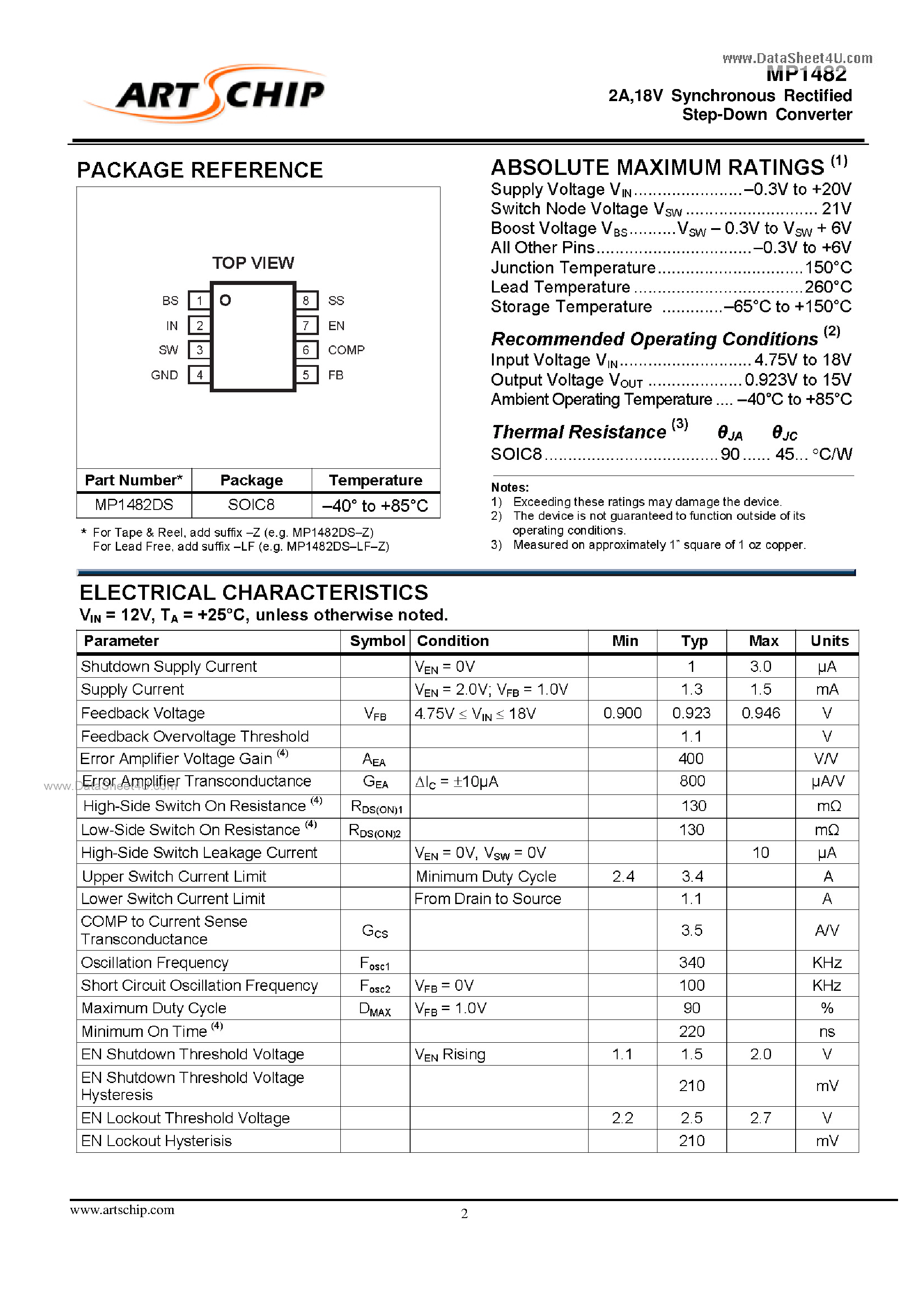 Datasheet MP1482 - 18V Synchronous Rectified Step-Down Converter page 2