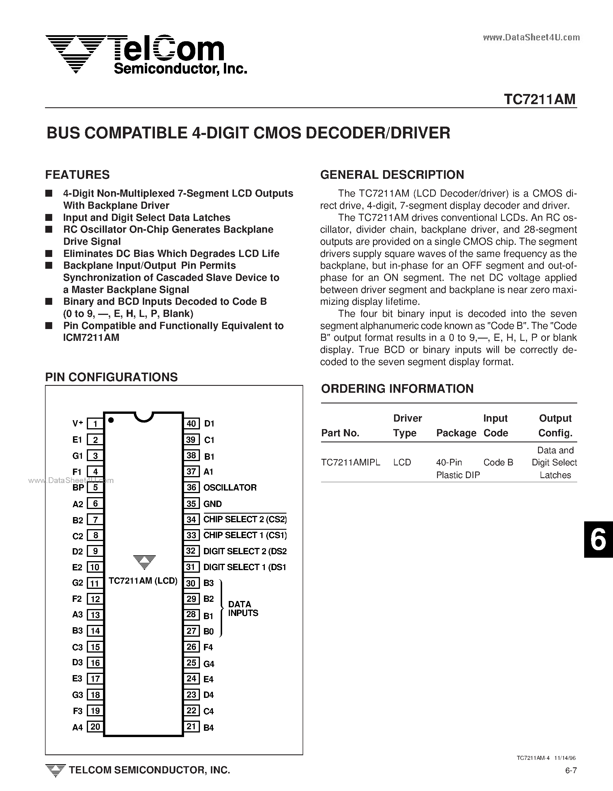 Datasheet TC7211AM - BUS COMPATIBLE 4-DIGIT CMOS DECODER/DRIVER page 1