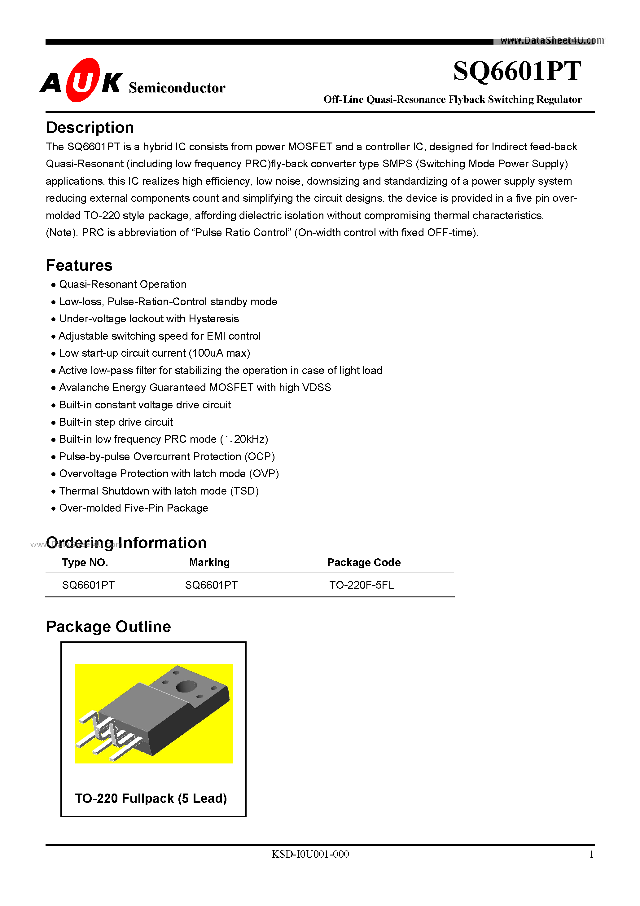 Datasheet SQ6601PT - Off-Line Quasi-Resonance Flyback Switching Regulator page 1
