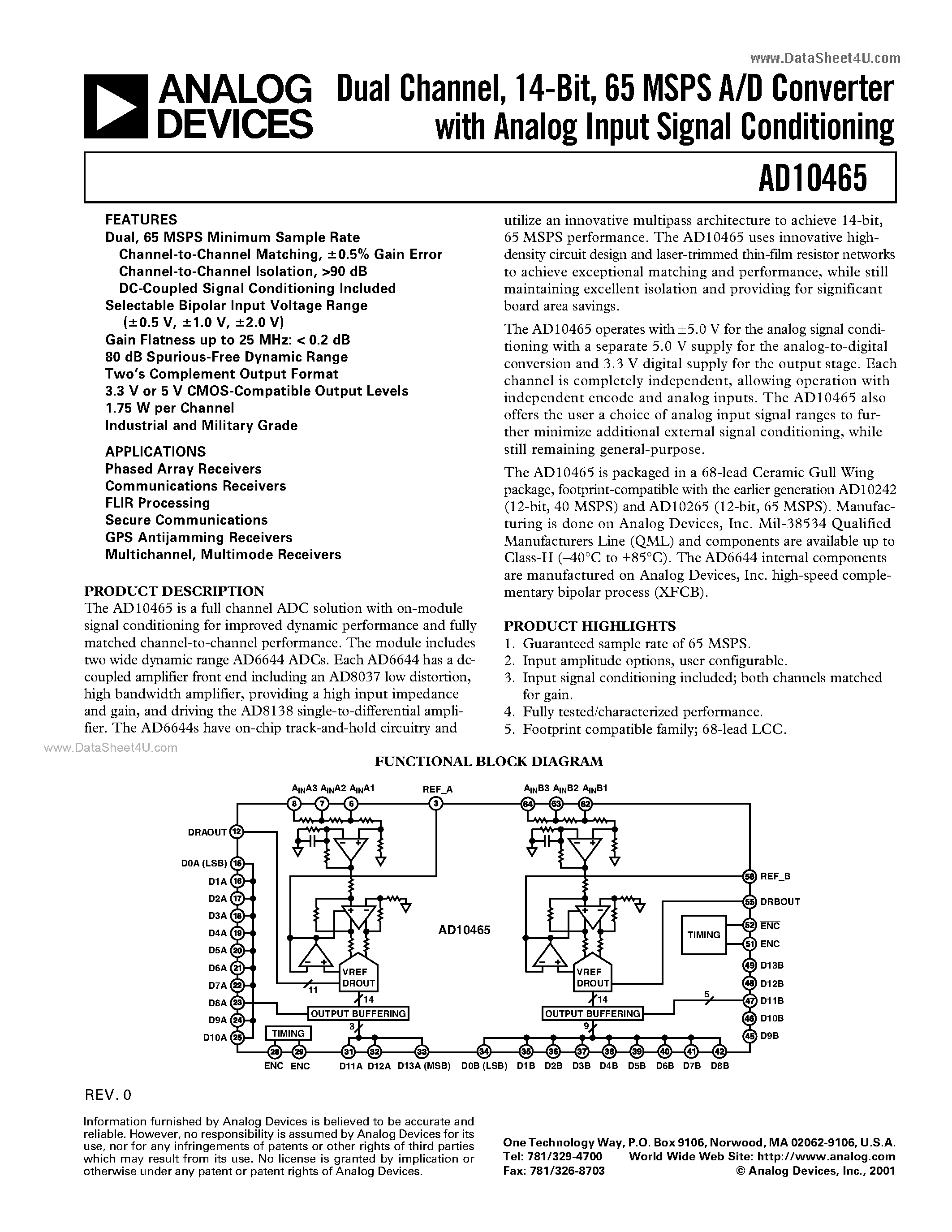 Даташит на микросхему AD10465 страница 1 Даташит AD10465 - 65 MSPS A/D Converter страница 1