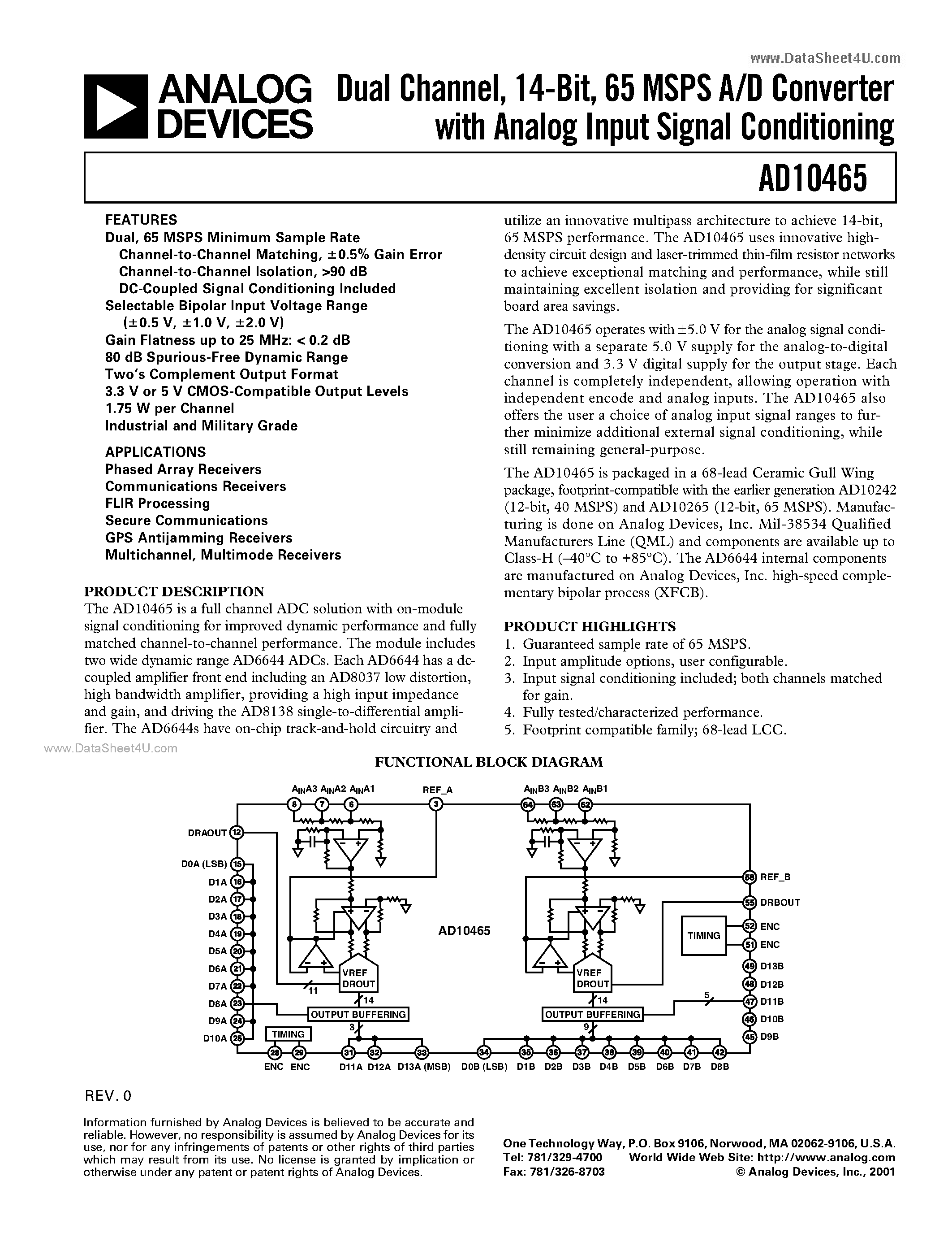 Datasheet AD10465 - 65 MSPS A/D Converter page 1