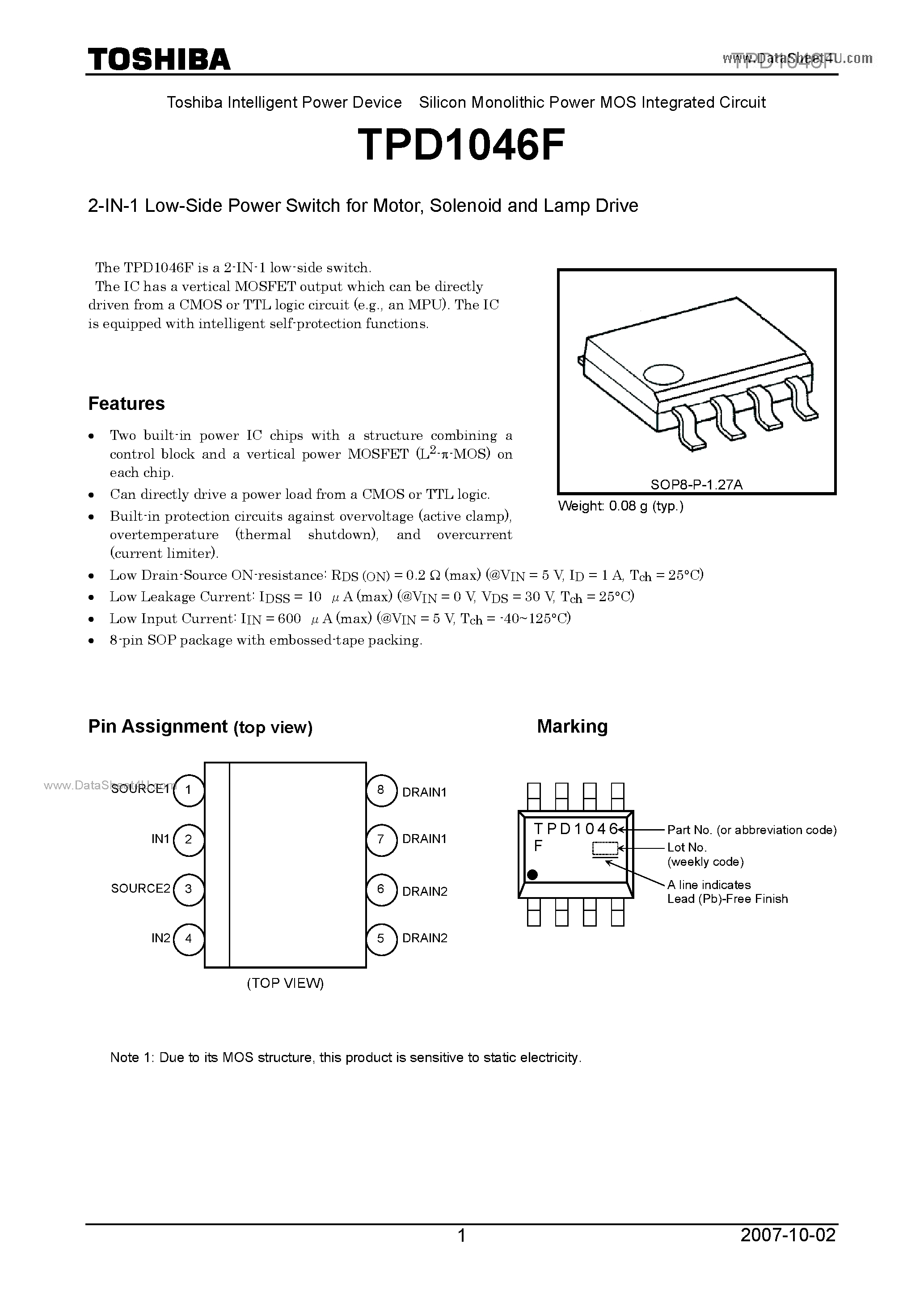 Datasheet TPD1046F - 2-IN-1 Low-Side Power Switch page 1