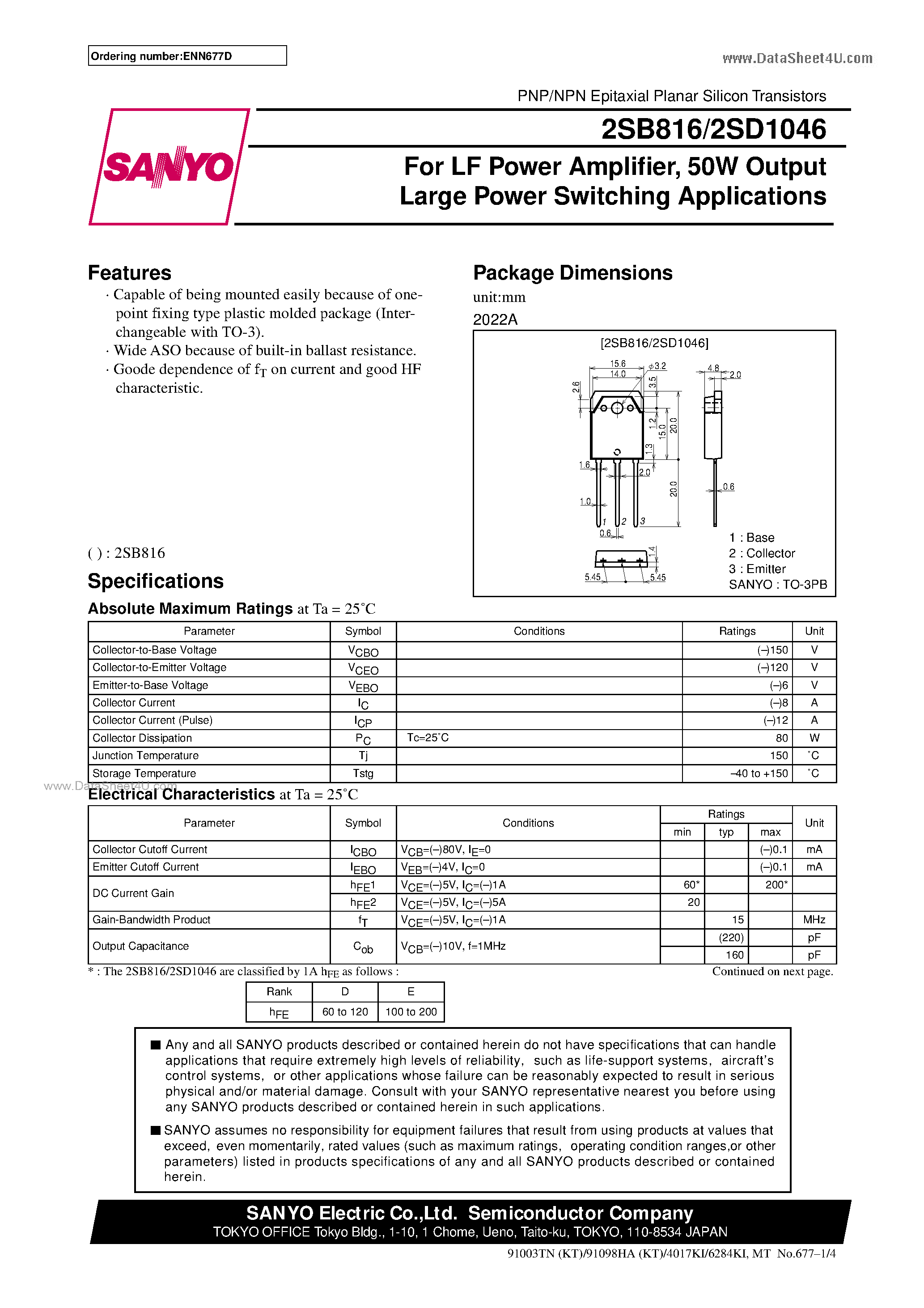 Datasheet D1046 - Search -----> 2SD1046 page 1