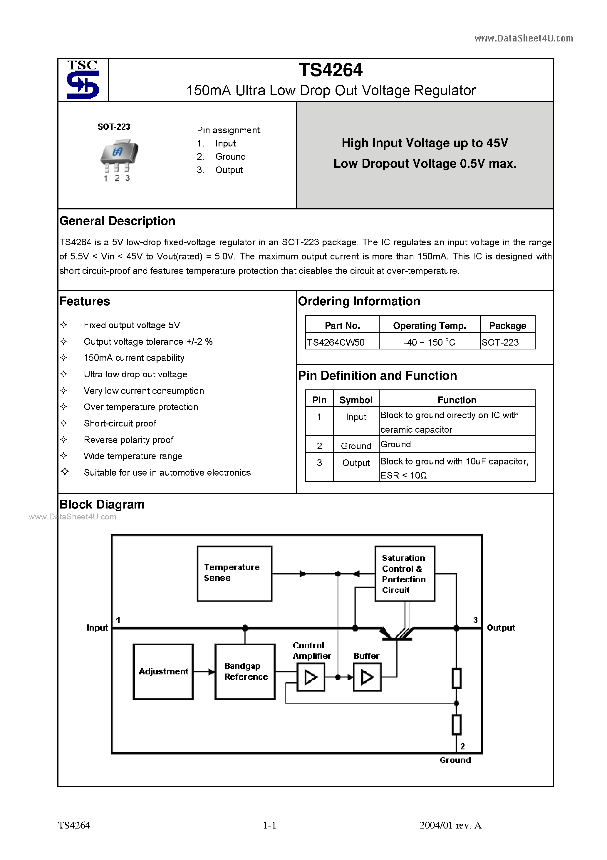 Datasheet TS4264 page 1 Datasheet TS4264 - 150mA Ultra Low Drop Out Voltage Regulator page 1