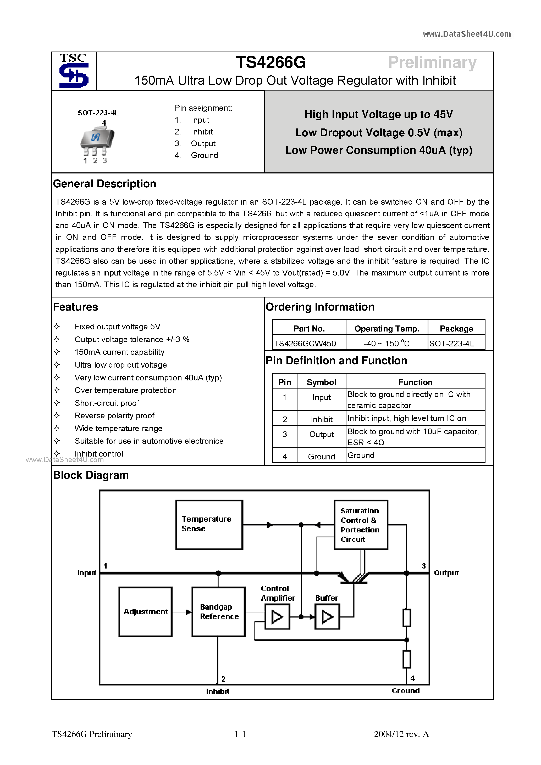 Datasheet TS4266G page 1 Datasheet TS4266G - 150mA Ultra Low Drop Out Voltage Regulator page 1