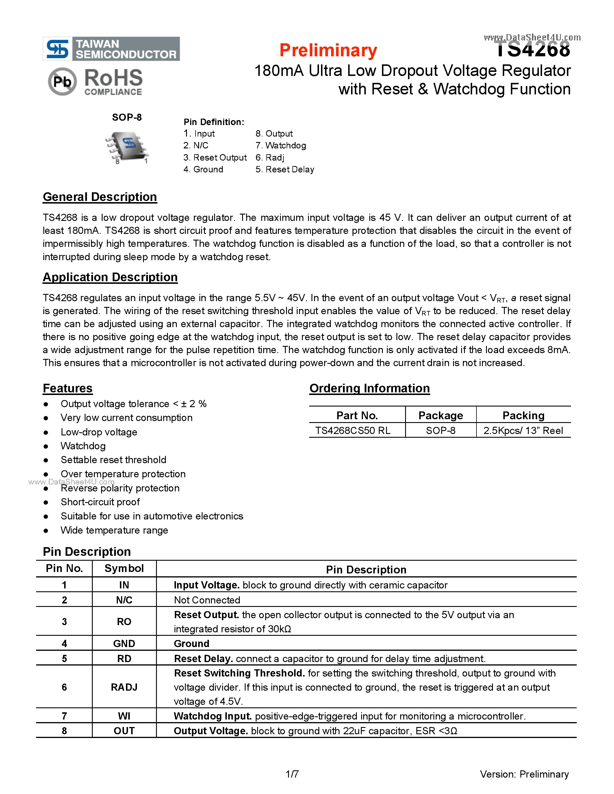 Datasheet TS4268 page 1 Datasheet TS4268 - 180mA Ultra Low Dropout Voltage Regulator page 1