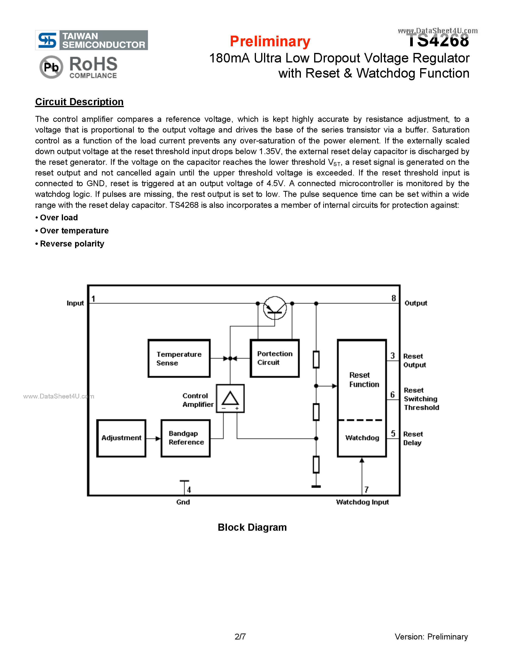 Datasheet TS4268 page 2 Datasheet TS4268 - 180mA Ultra Low Dropout Voltage Regulator page 2