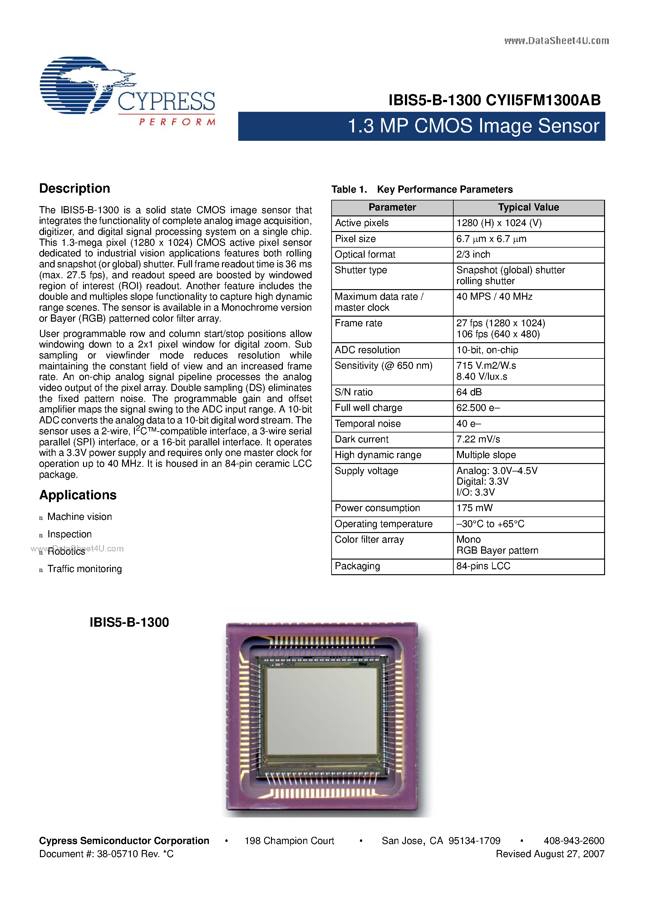 Datasheet CYII5FM1300AB page 1 Datasheet CYII5FM1300AB - 1.3 MP CMOS Image Sensor page 1
