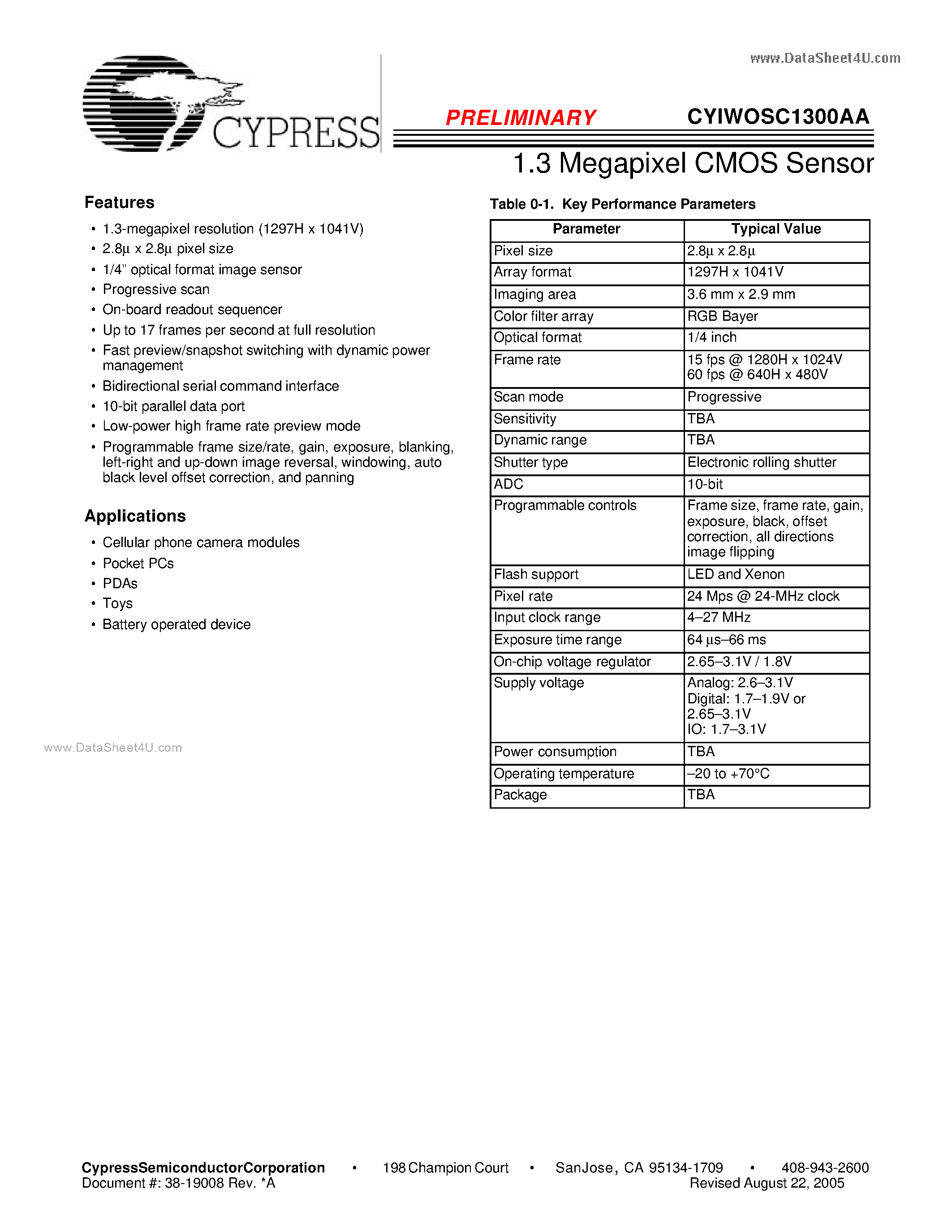 Datasheet CYIWOSC1300AA page 1 Datasheet CYIWOSC1300AA - 1.3 Megapixel CMOS Sensor page 1