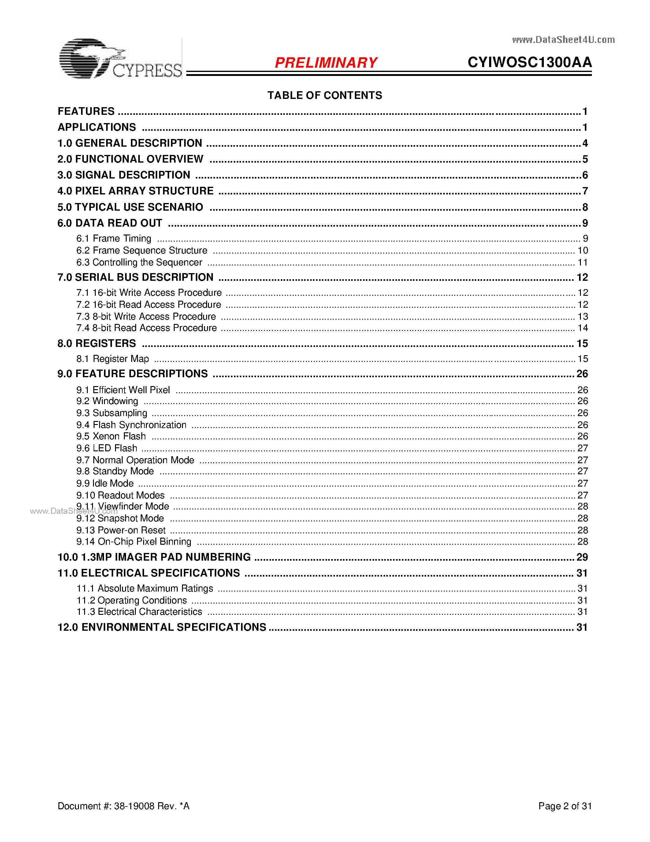 Datasheet CYIWOSC1300AA page 2 Datasheet CYIWOSC1300AA - 1.3 Megapixel CMOS Sensor page 2