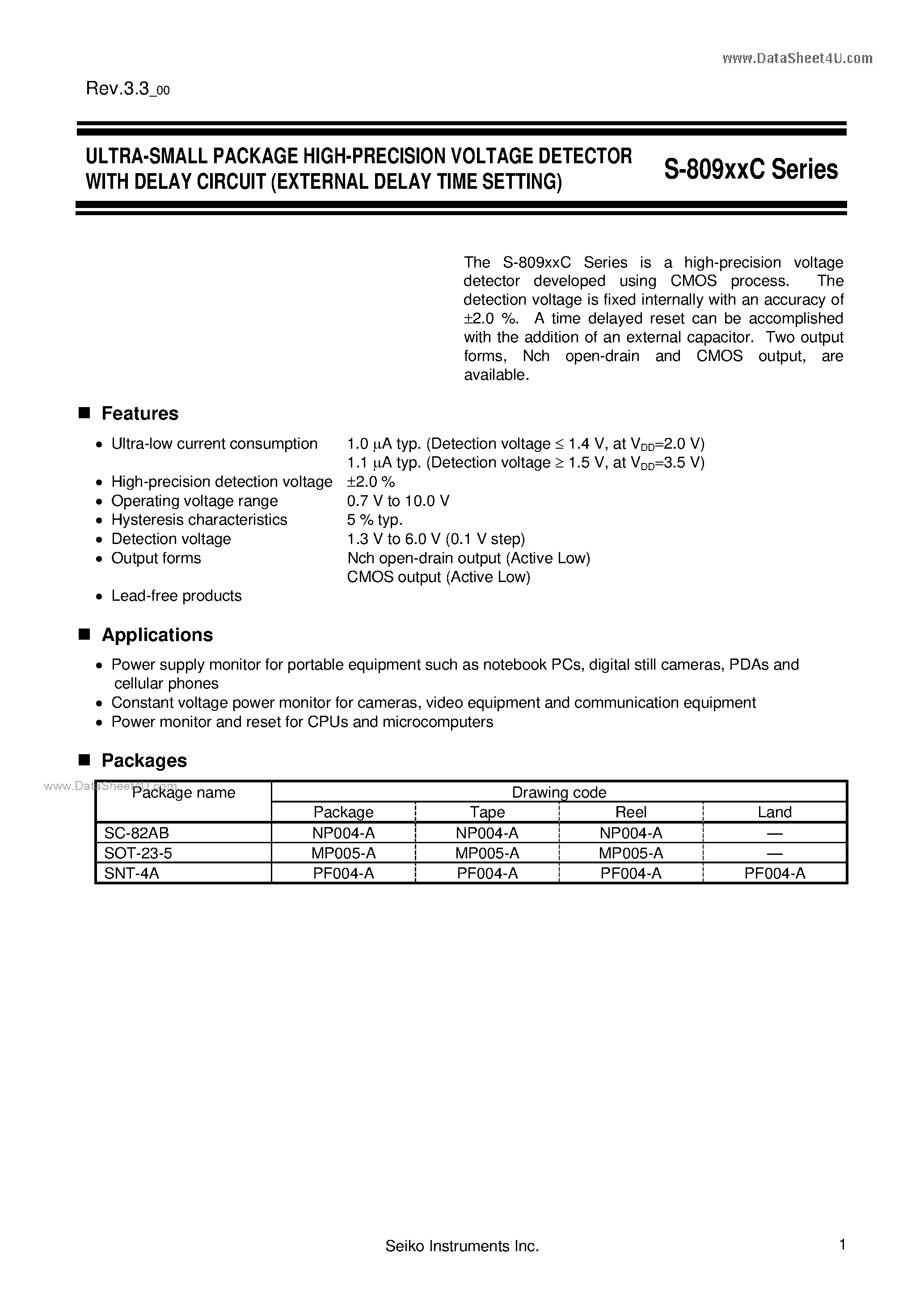 Datasheet S-80913C - ULTRA-SMALL PACKAGE HIGH-PRECISION VOLTAGE DETECTOR page 1