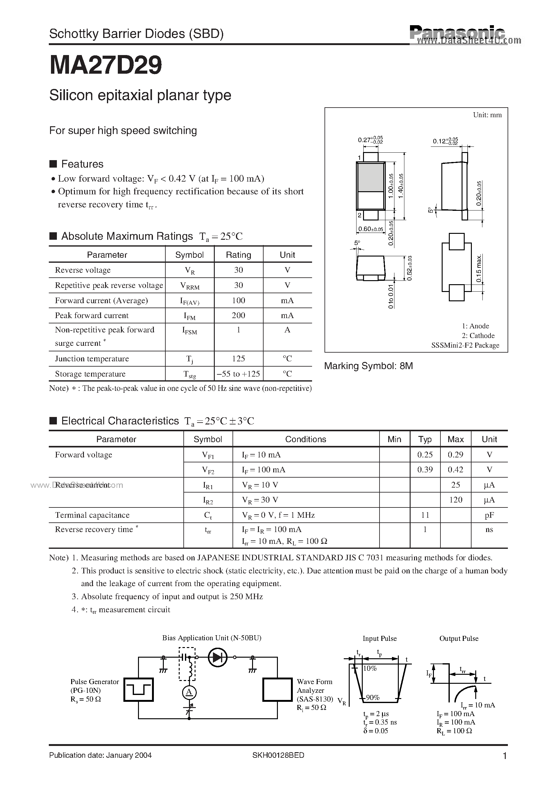 Даташит на микросхему MA27D29 страница 1 Даташит MA27D29 - Schottky Barrier Diodes страница 1