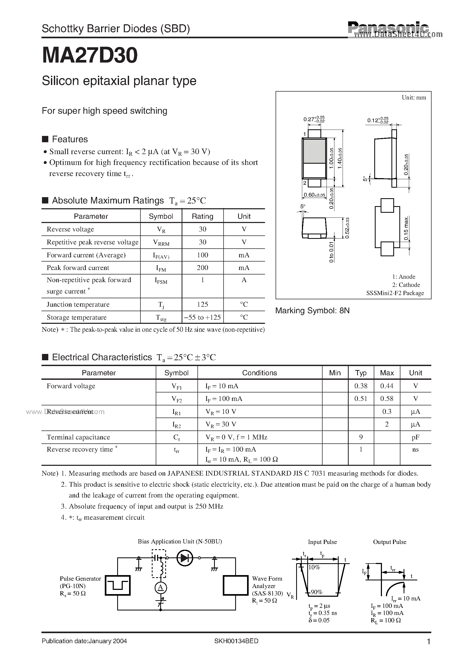 Даташит на микросхему MA27D30 страница 1 Даташит MA27D30 - Schottky Barrier Diodes страница 1